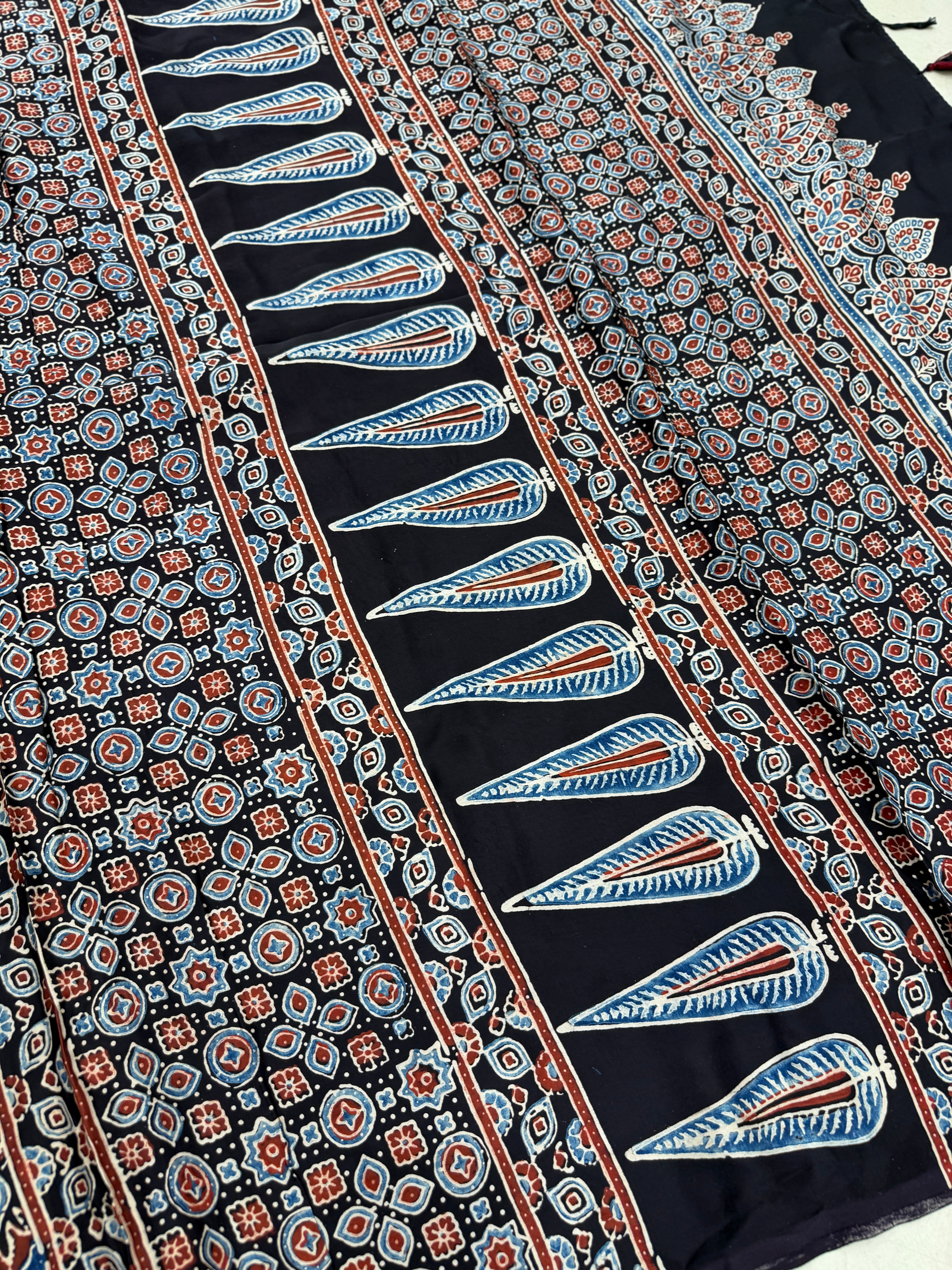 Black Badam Ajrakh Hand Block Print Pure Gajji Silk Saree