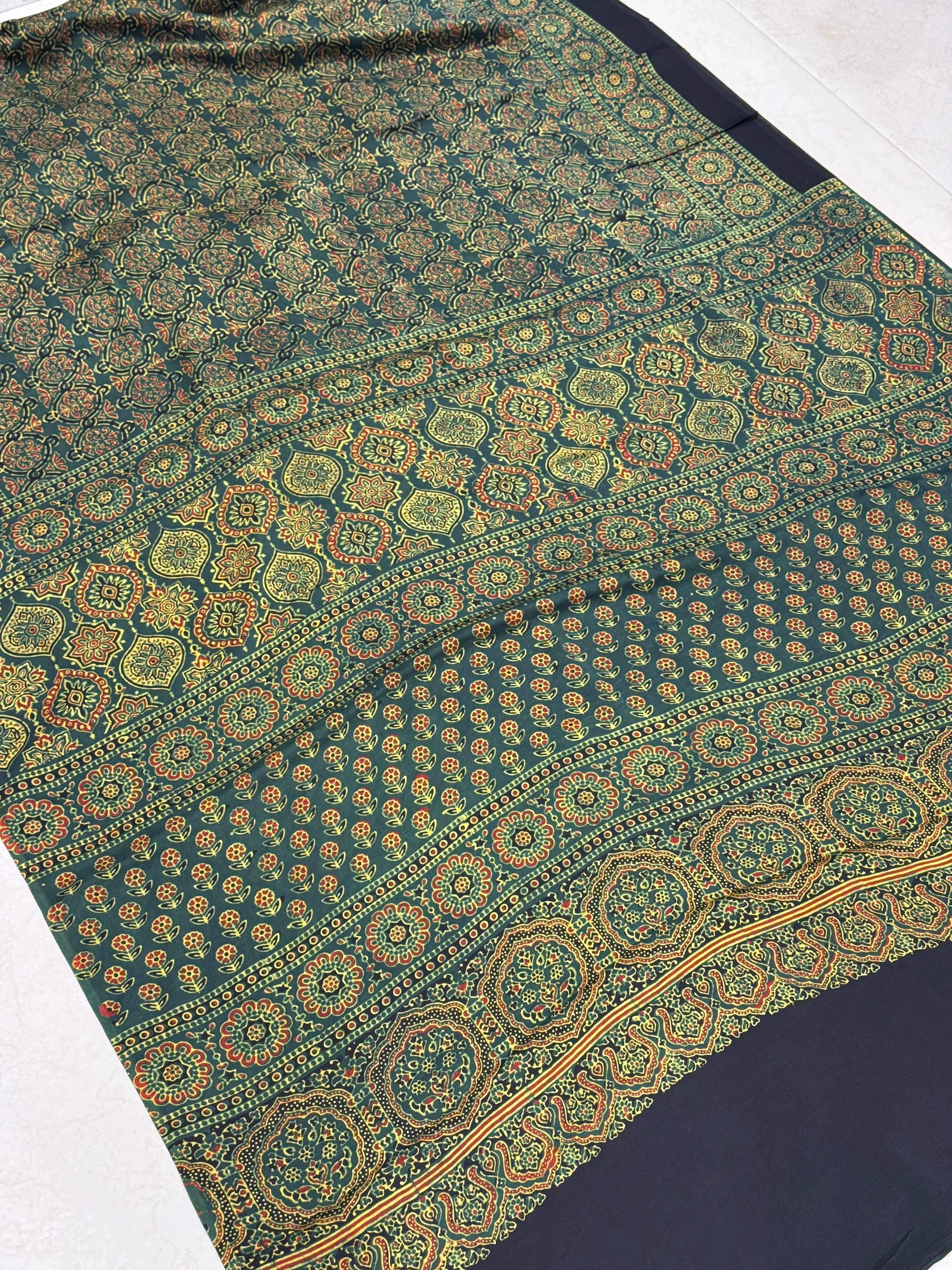 Green Jaal Ajrakh Saree Modal Gajji Silk Hand Block Print