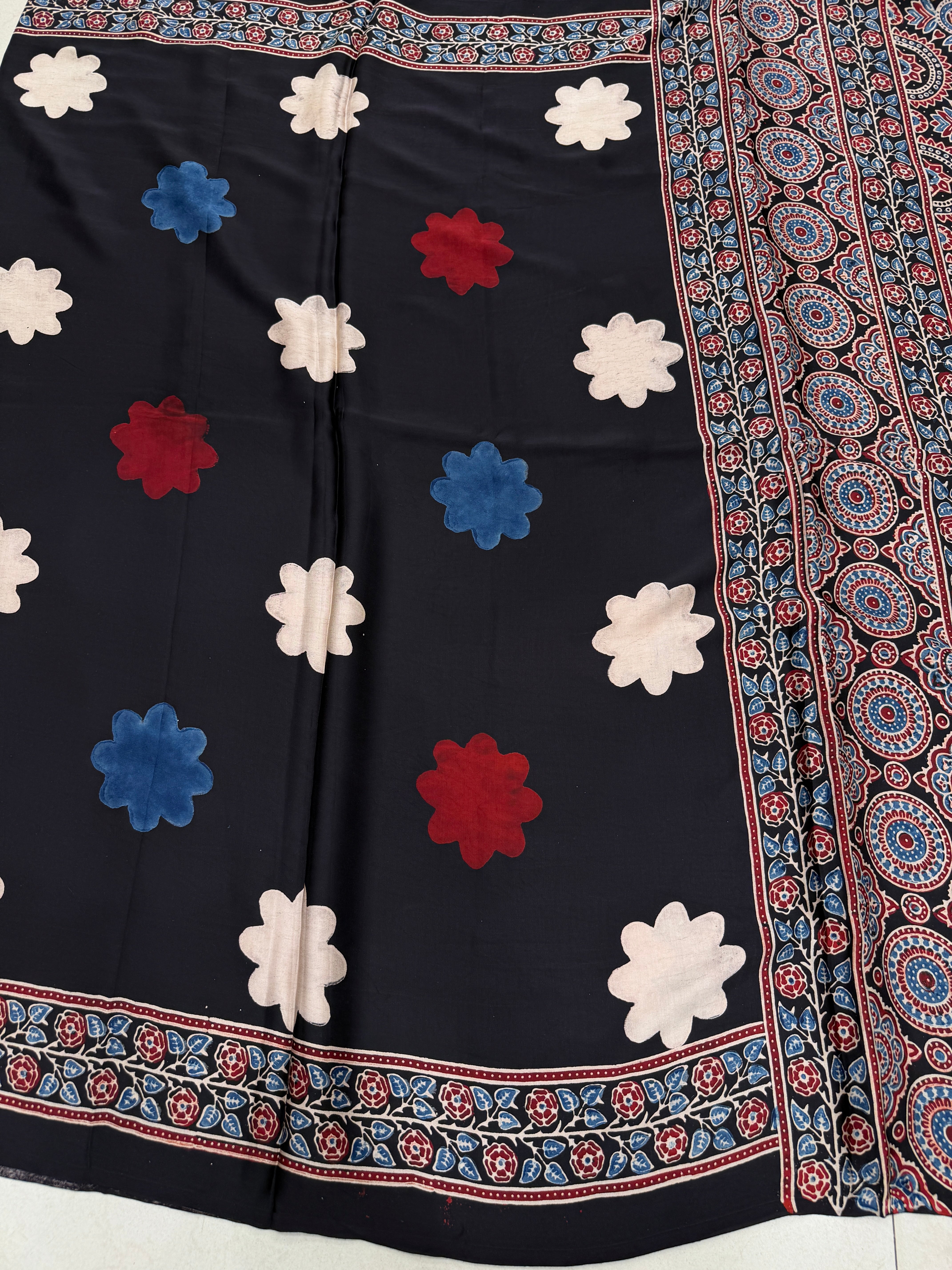 Black Sunflower Butta Ajrakh Block Print Hand Pure Gajji Silk Saree