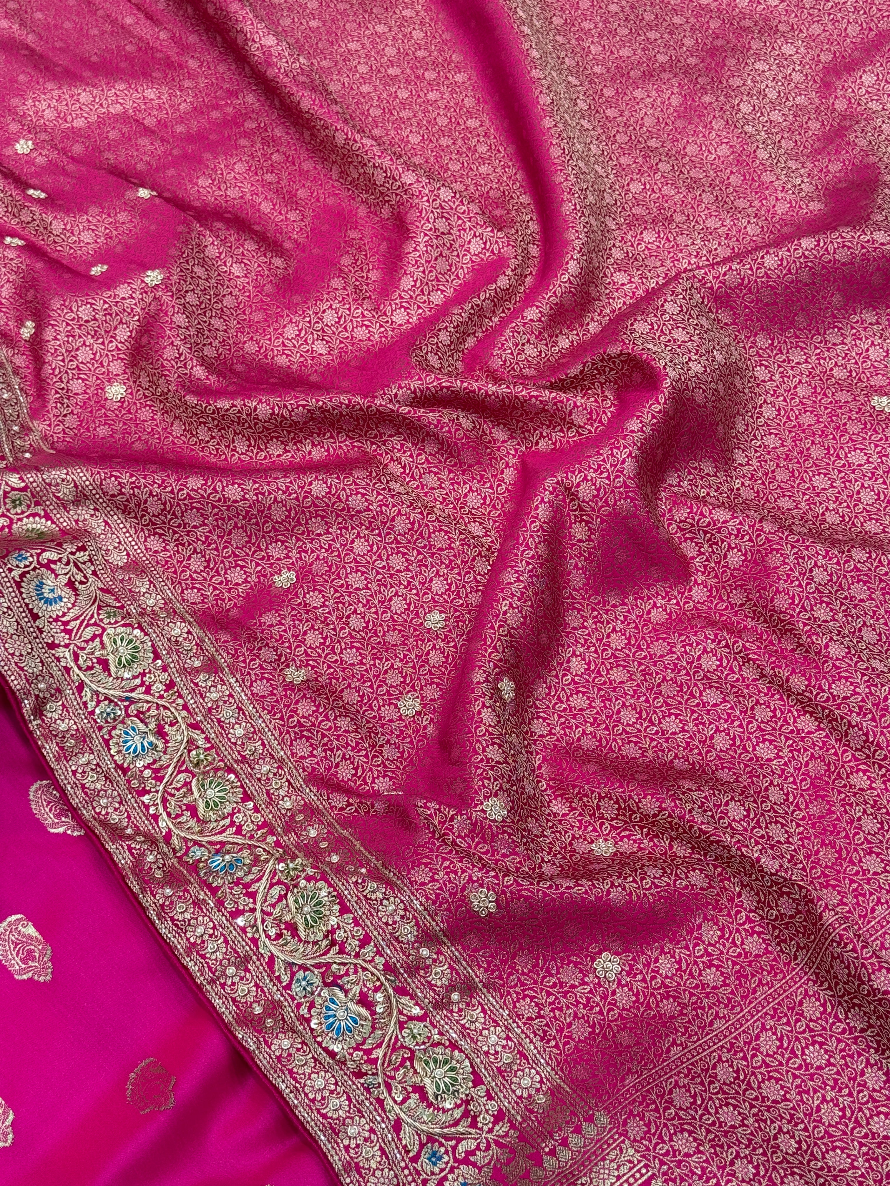 Rani Banarasi Silk Meenakari Border Hand Embroidery Saree