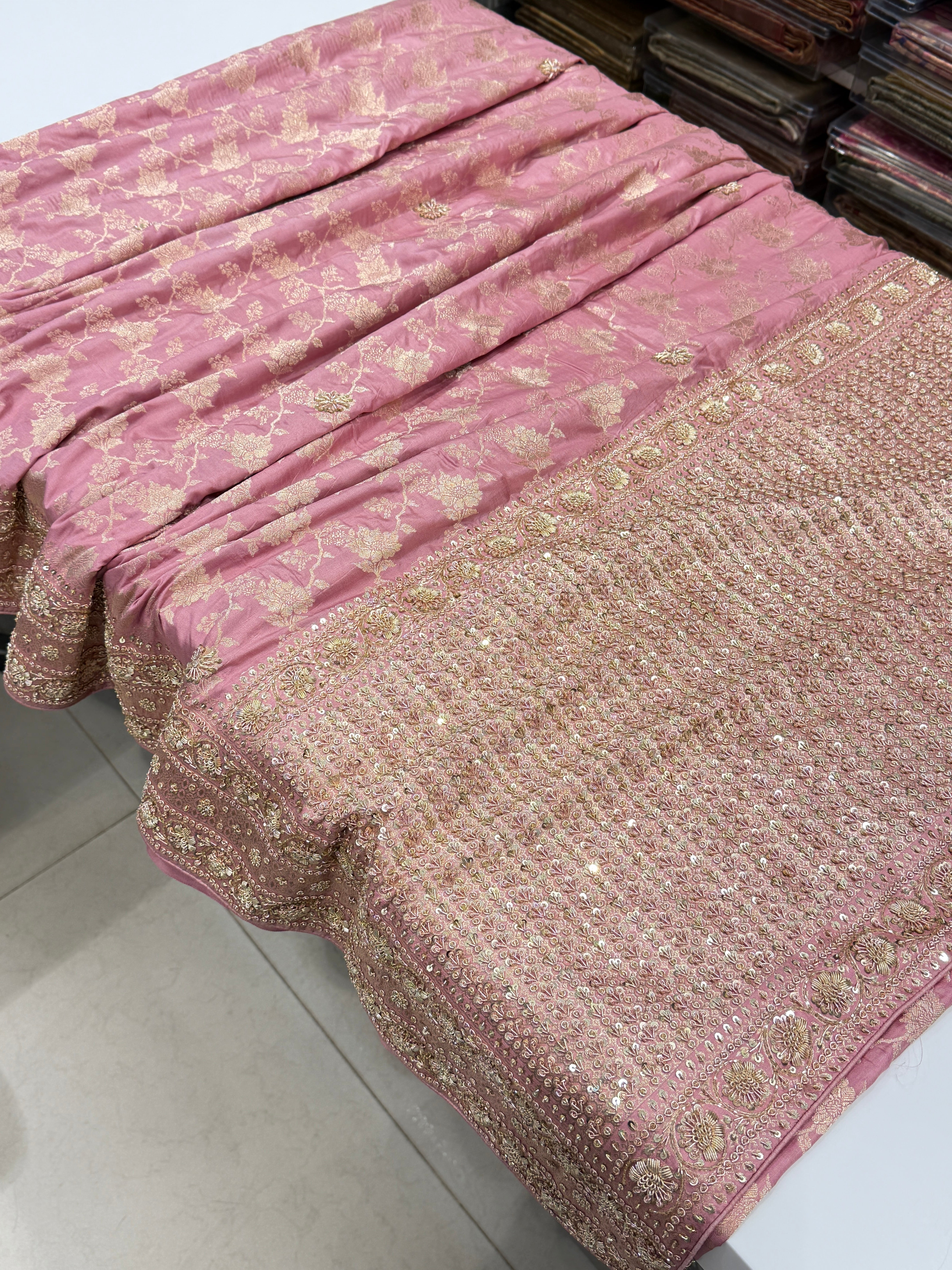 Pink Jaal Handloom Banarasi Katan Silk Zardosi Hand Embroidery Saree