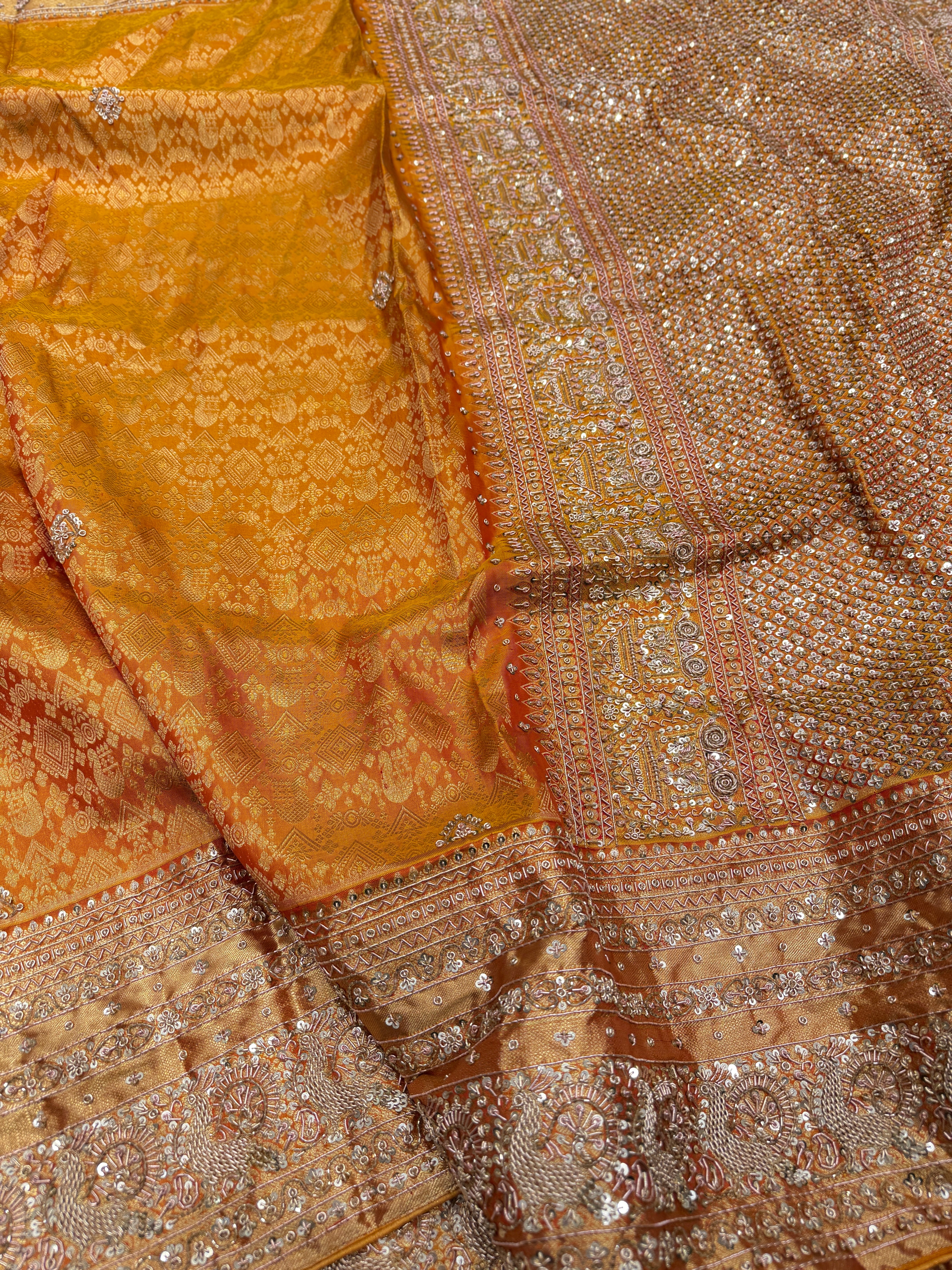 Mustard Yellow Kanjivaram Peacock Motif Hand Embroidery Zardosi Saree