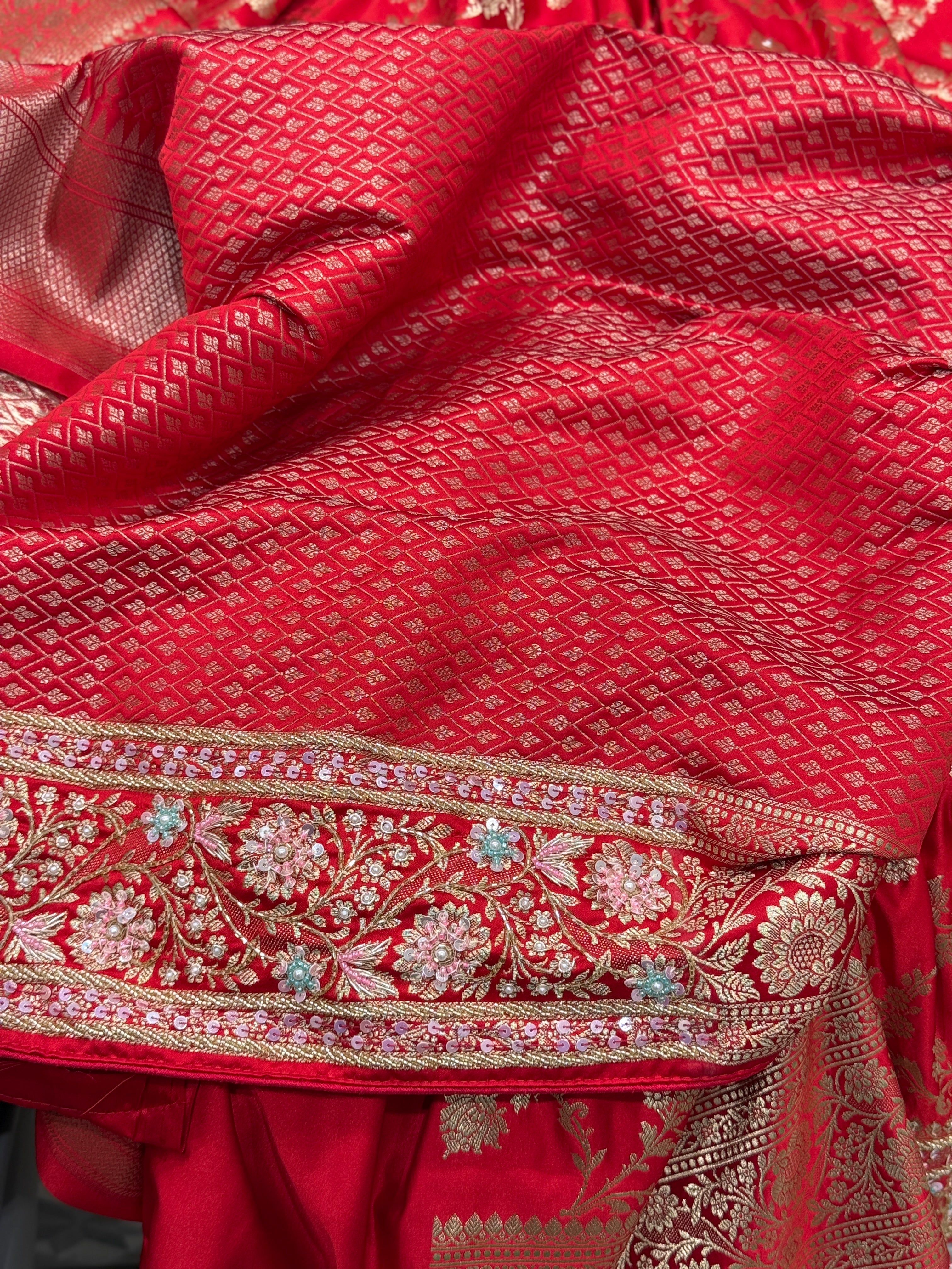 Red Banarasi Upside Down Border Fancy Hand Embroidery Saree