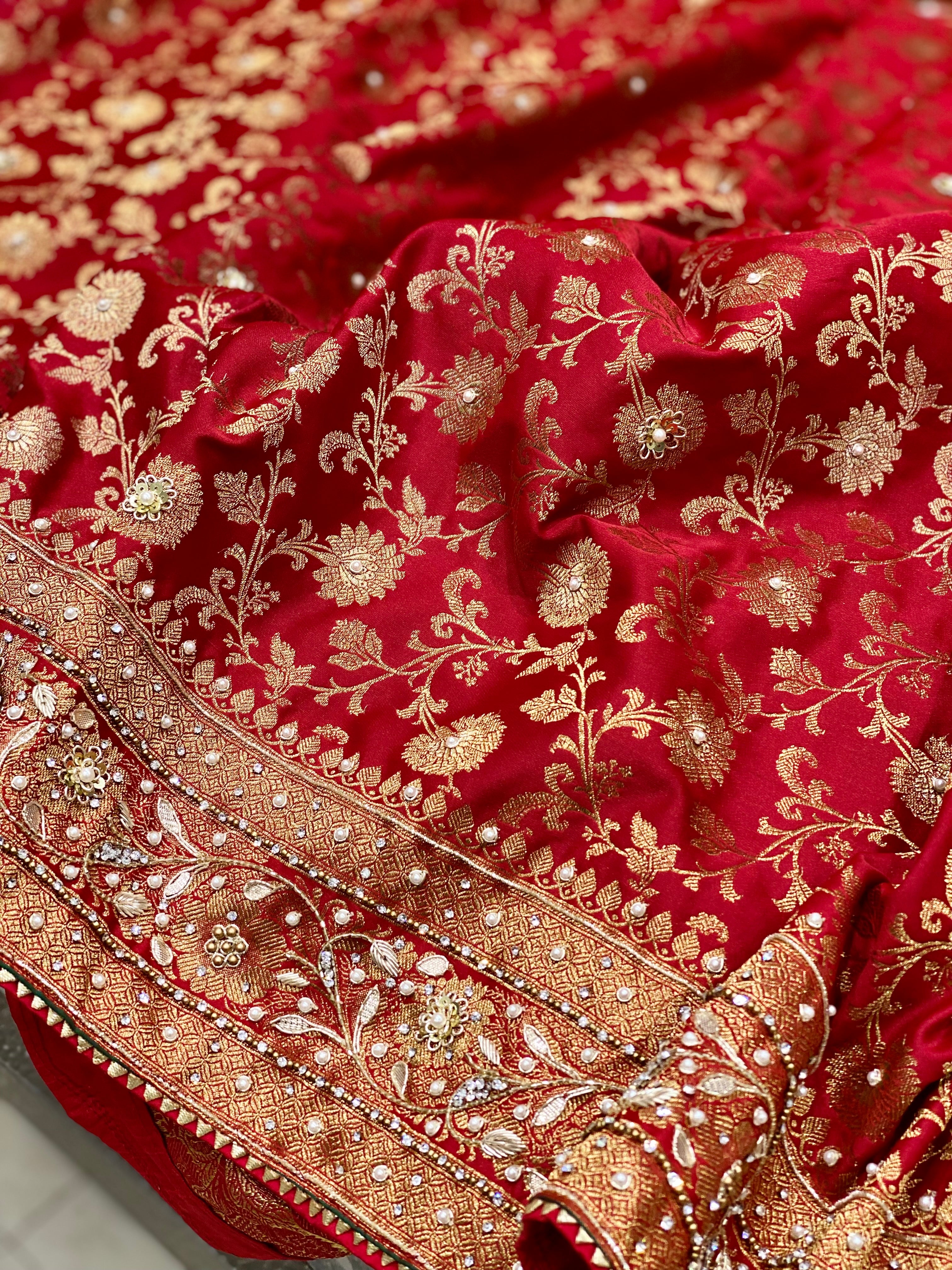 Red Banarasi Small Jaal Hand Embroidery Saree