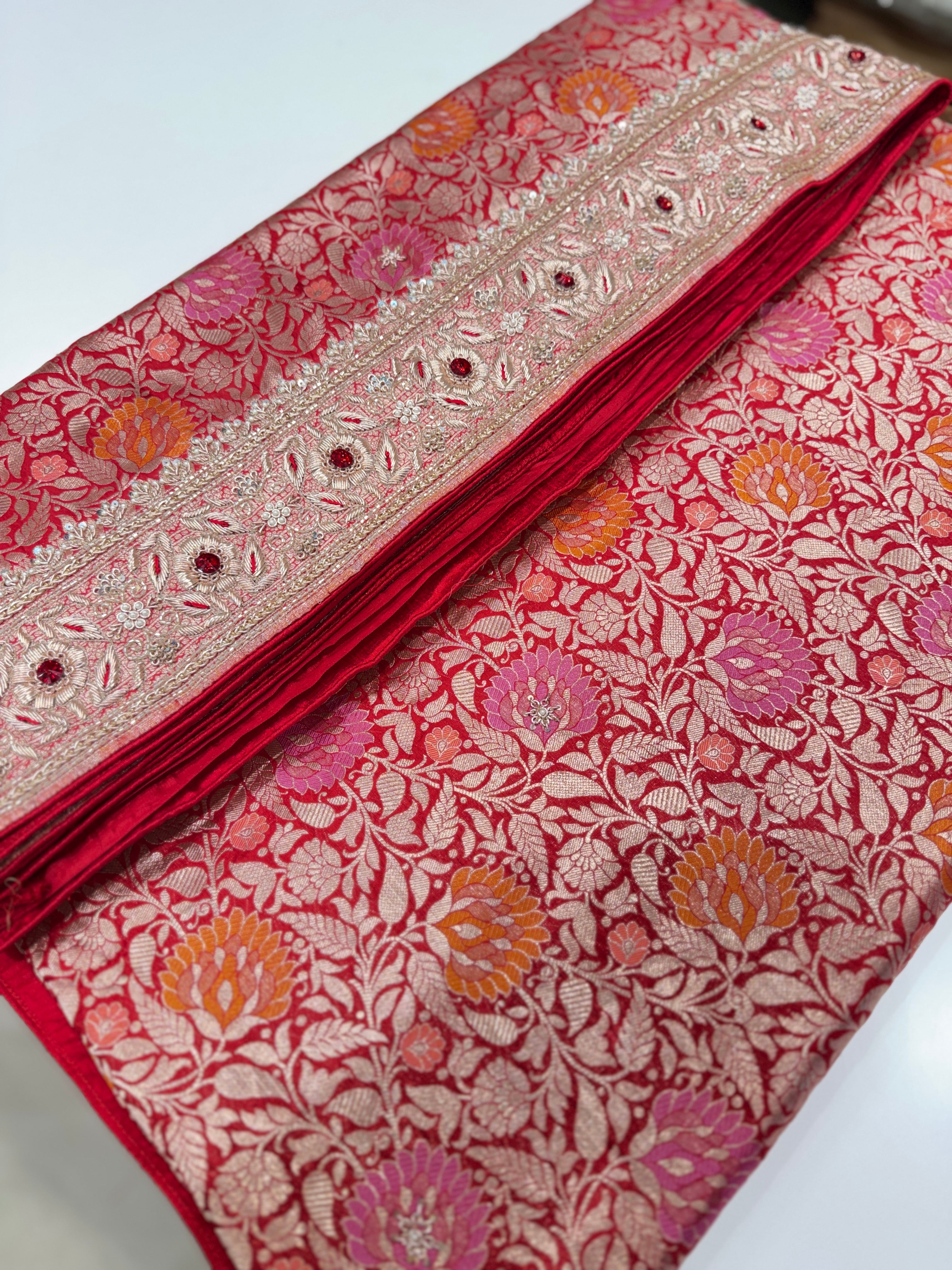 Meenakari Banarasi Katan Zardodi Hand Embroidery Crystal Saree