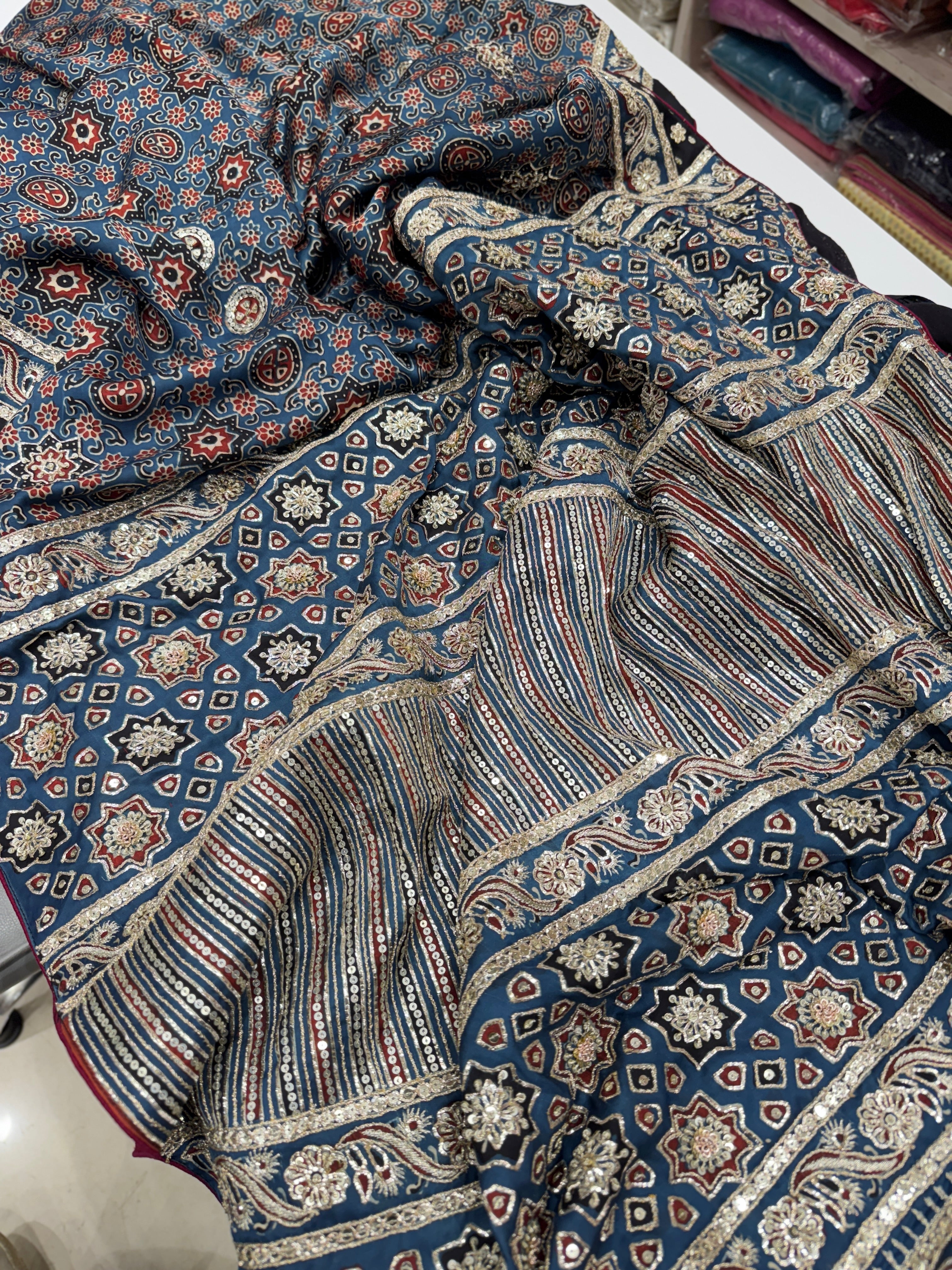 Ajrakh Hand Embroidery Zardosi and Pita Work