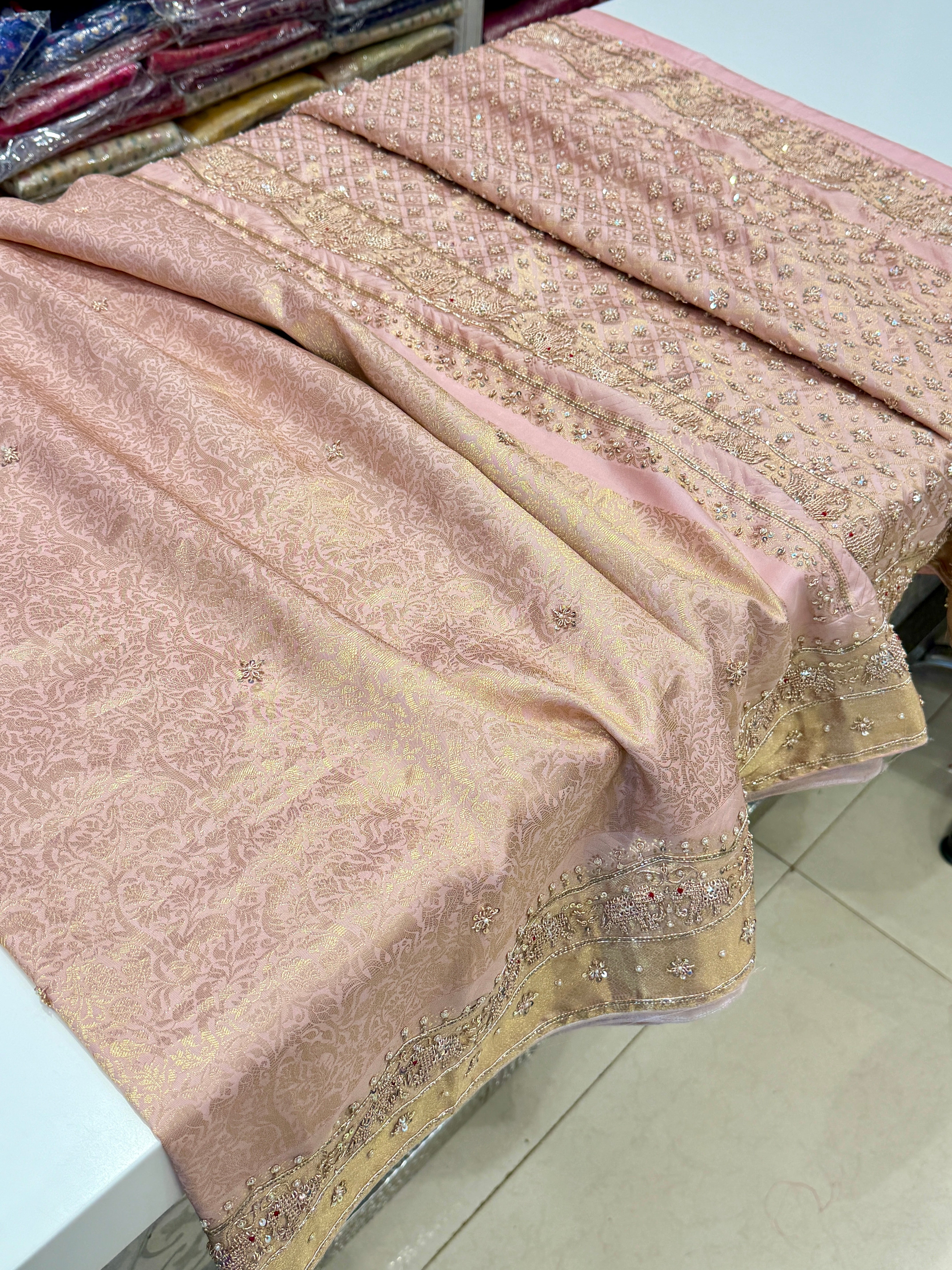 Light Pink Kanjivaram Elephant Motif Jaal Zardozi Hand Embroidery Saree