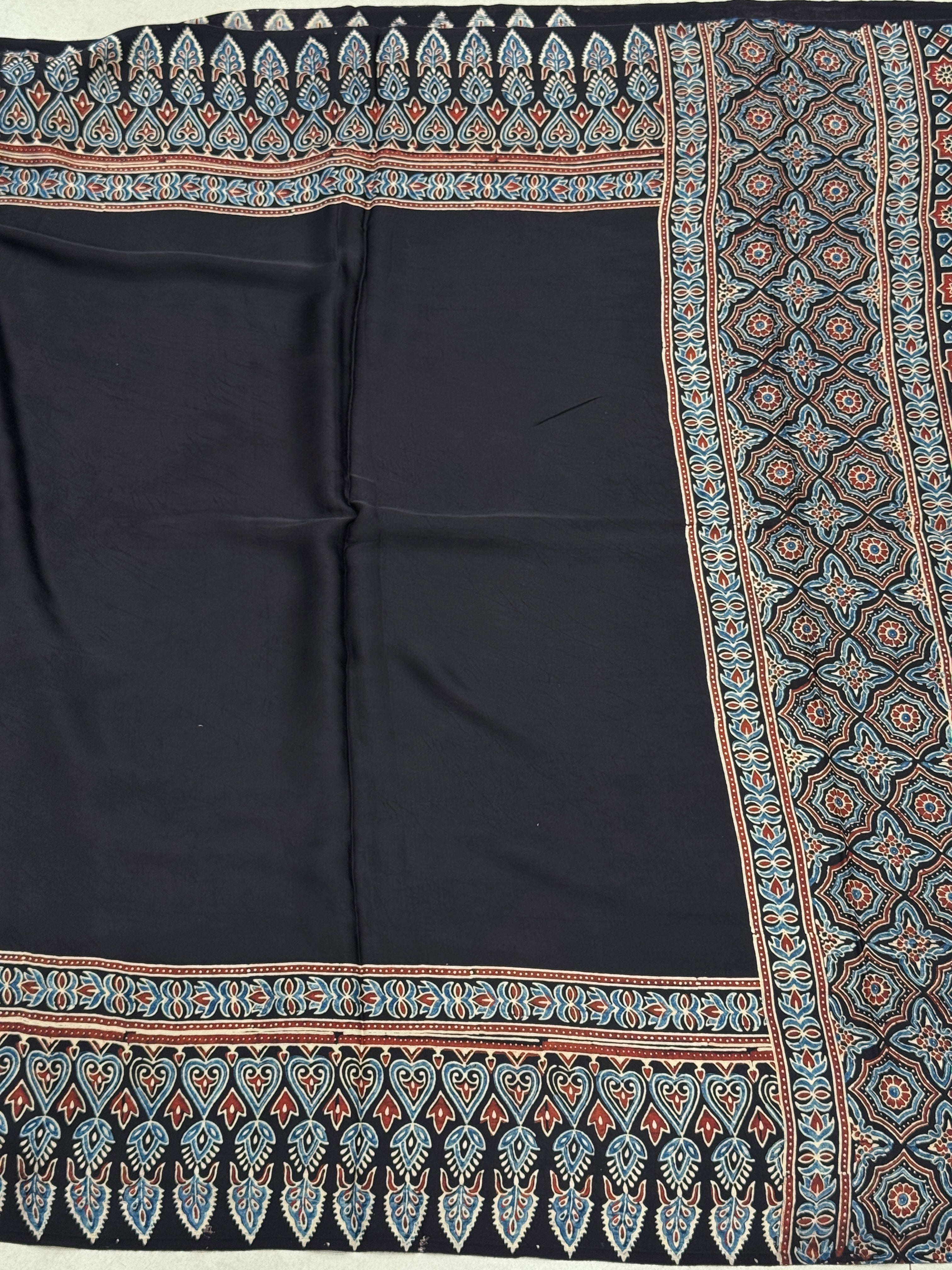Black Border Contemporary Ajrakh Hand Block Print Pure Gajji Silk Saree