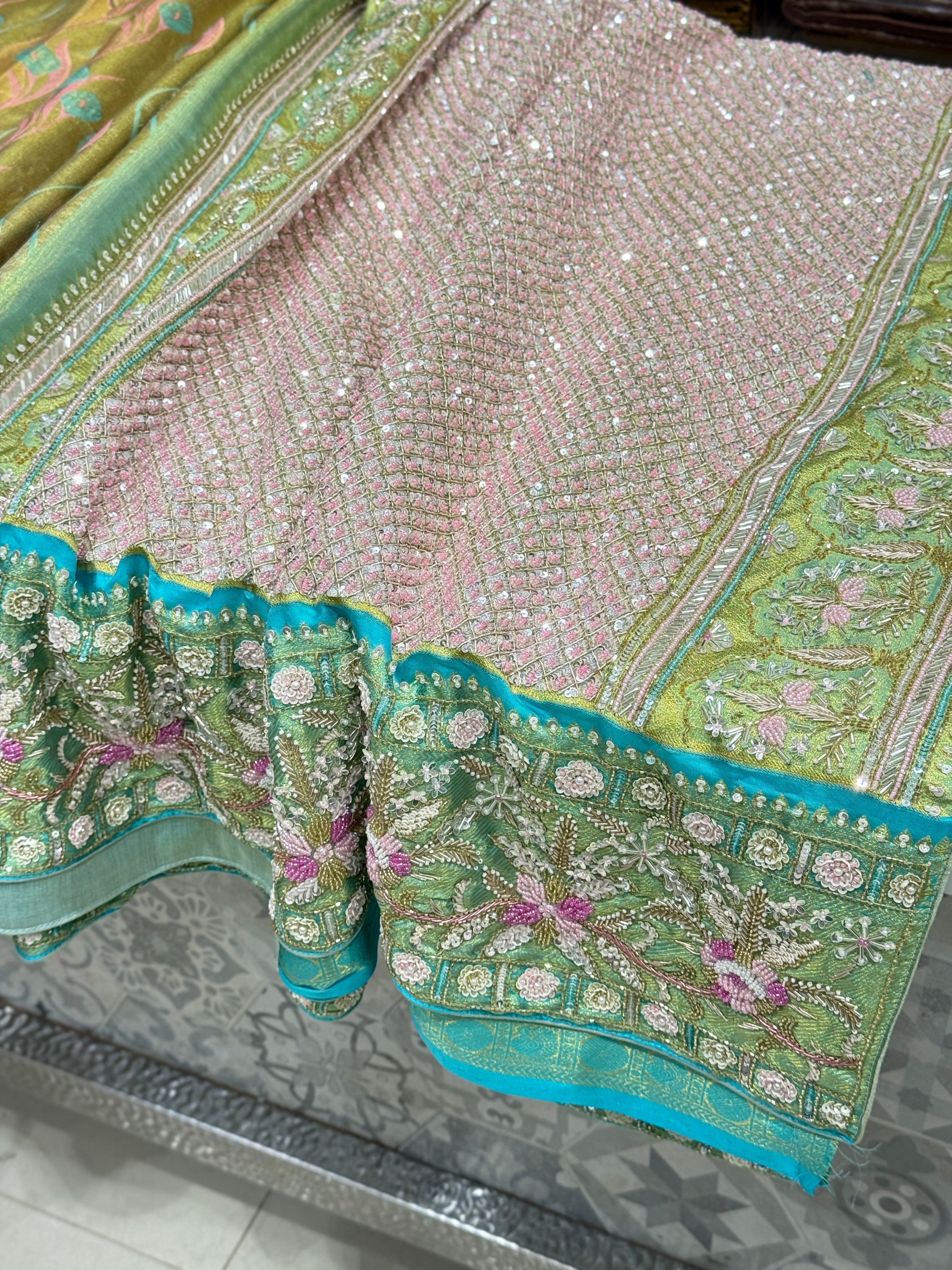 Green Meenakari Tissue Kanjivaram Hand Embroidery Saree
