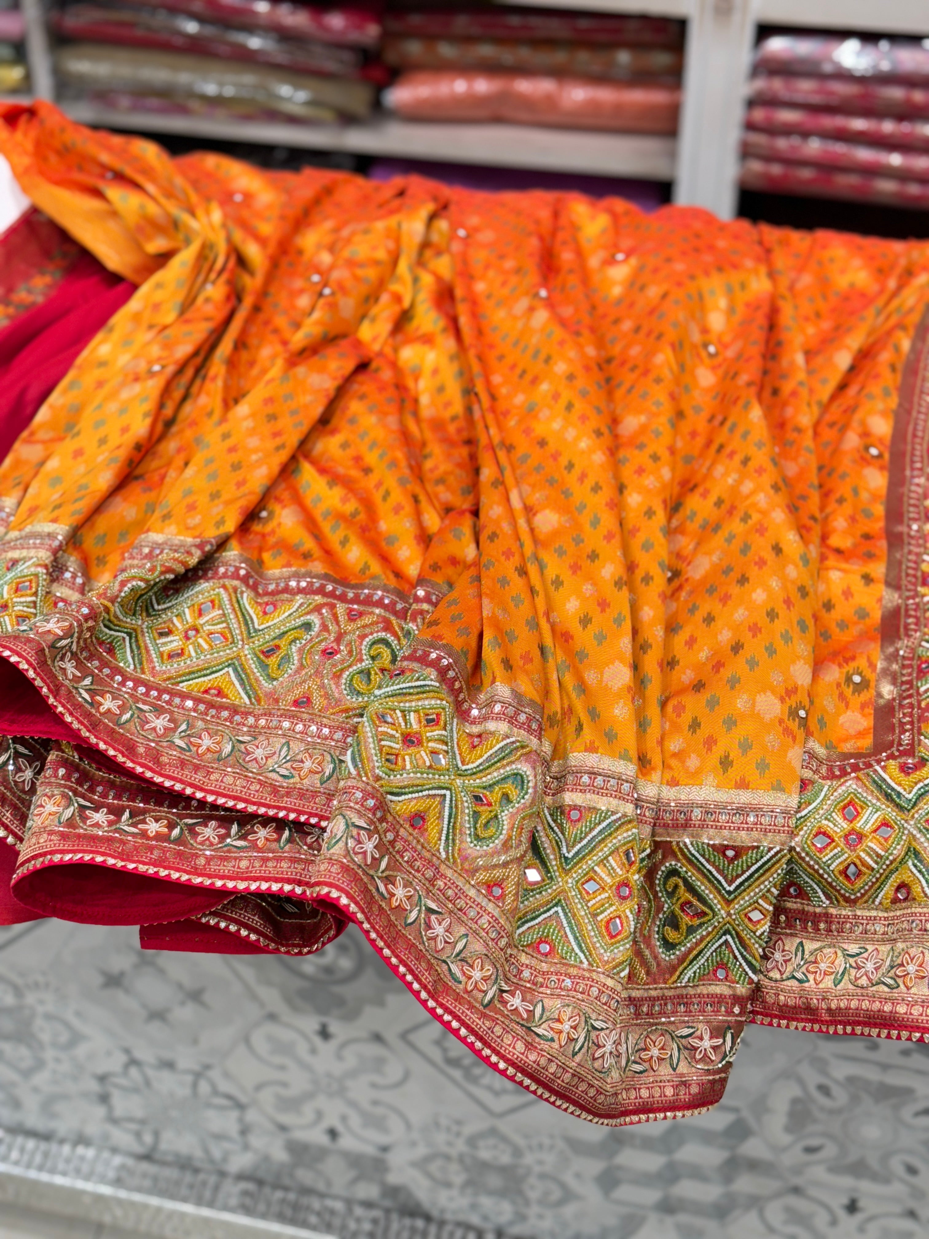 Orange Patola Moti Embroidery Saree