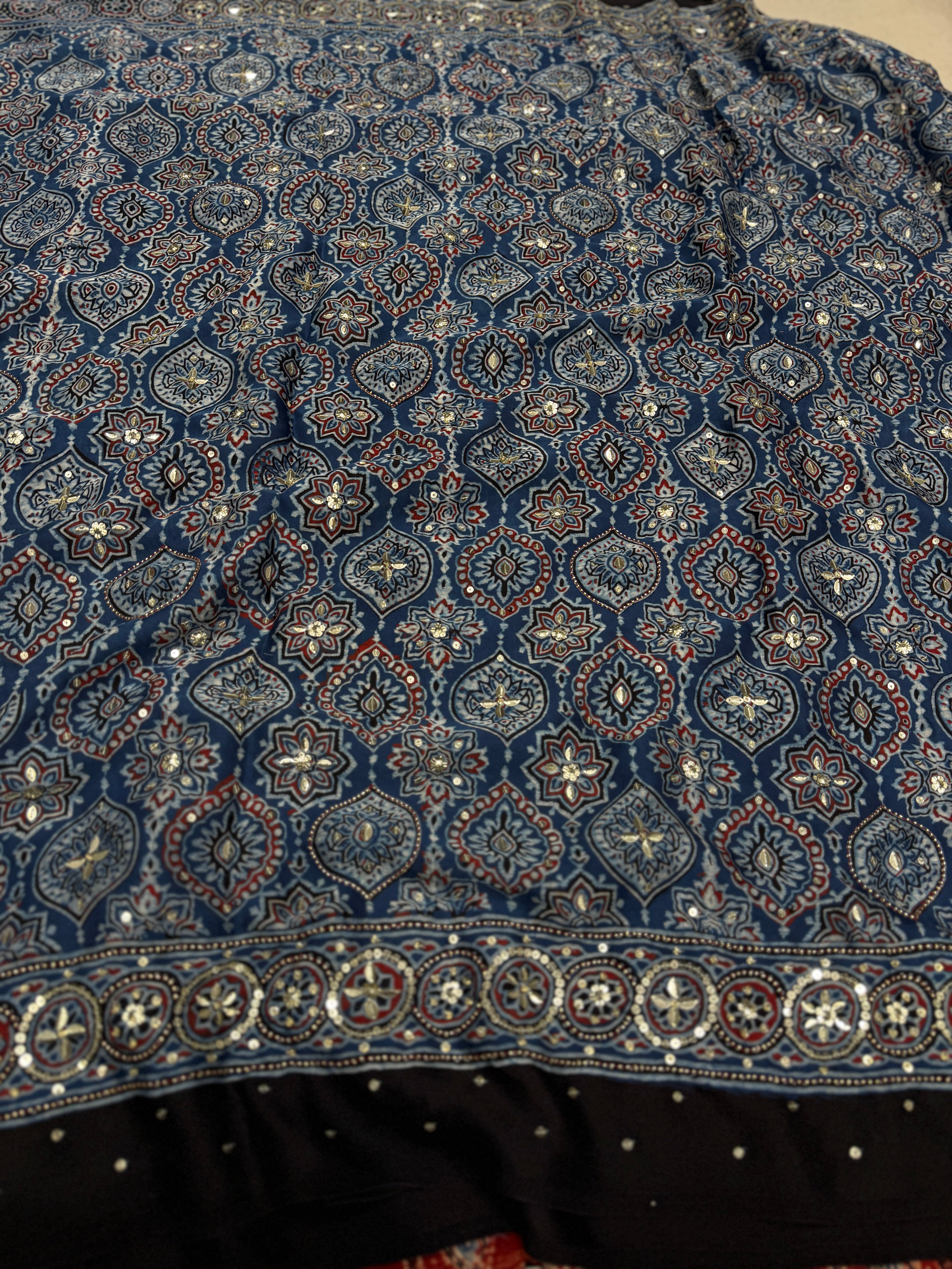 Blue Red Badam Butta Moti Sequin Ajrakh Hand Embroidery Saree