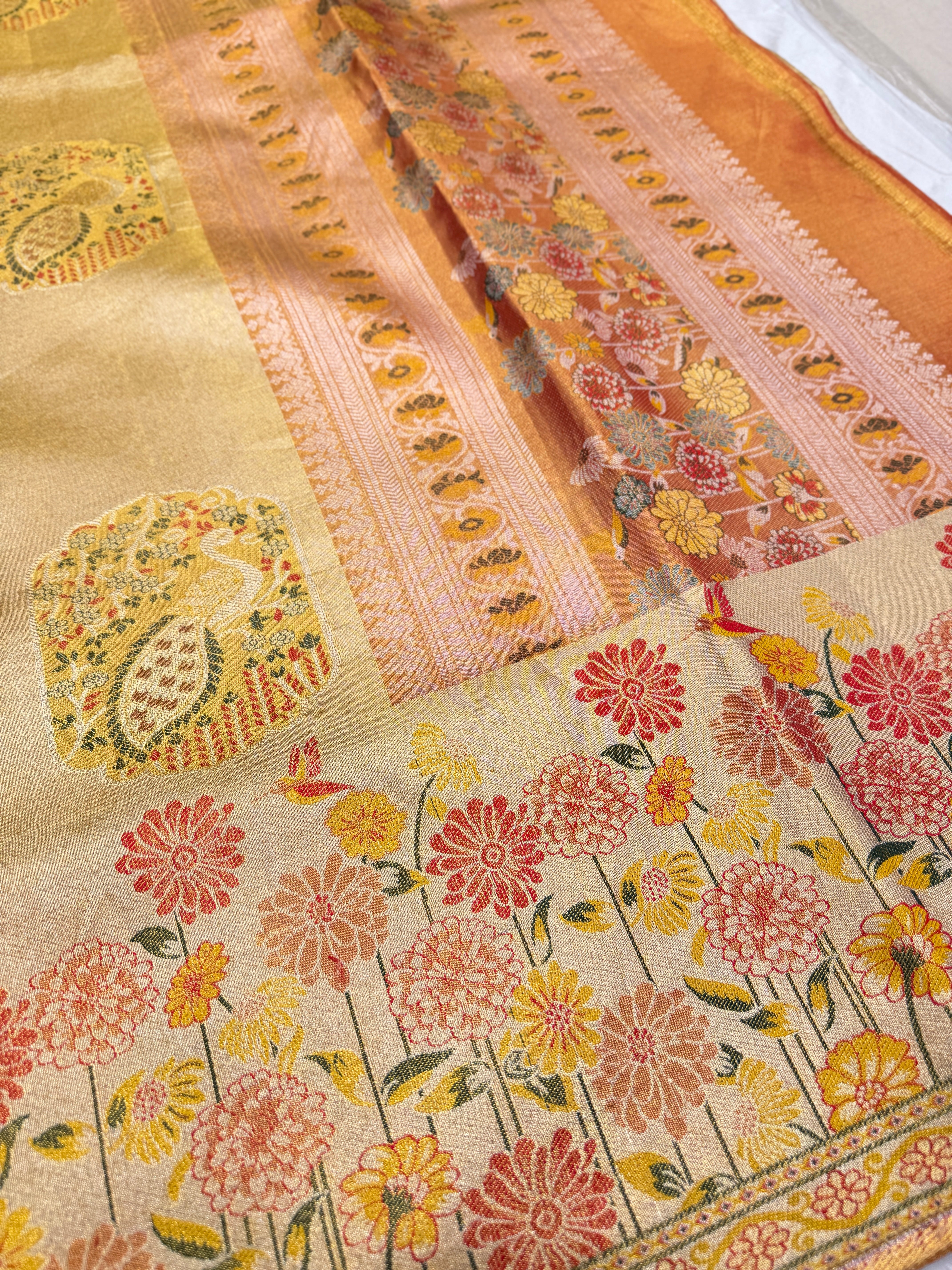 Rust Meenakari Peacock Motif Handloom Kanjivaram Tissue Silk Saree