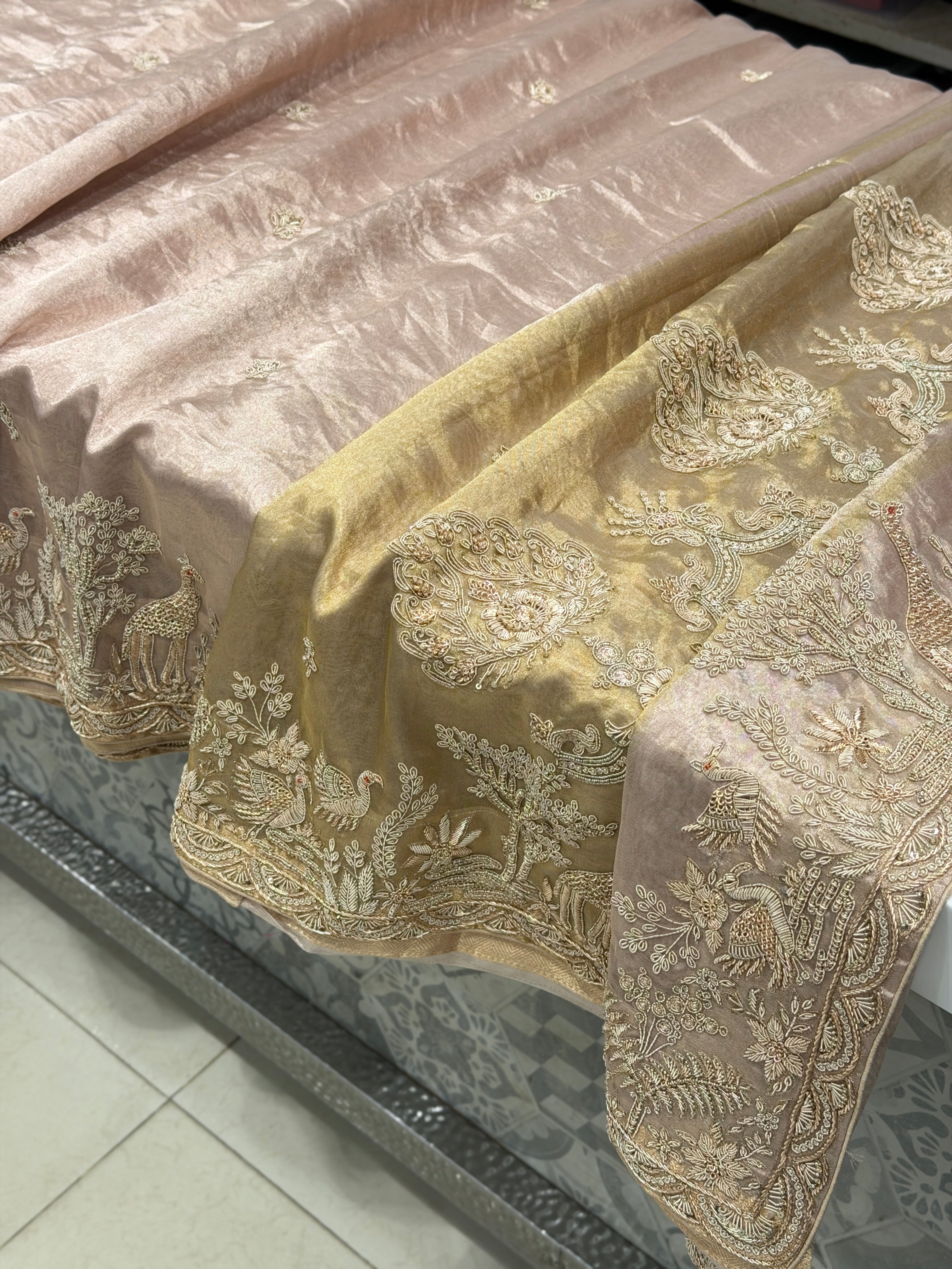 Rose Gold Tissue Parsi Style Zardosi Hand Embroidery Saree