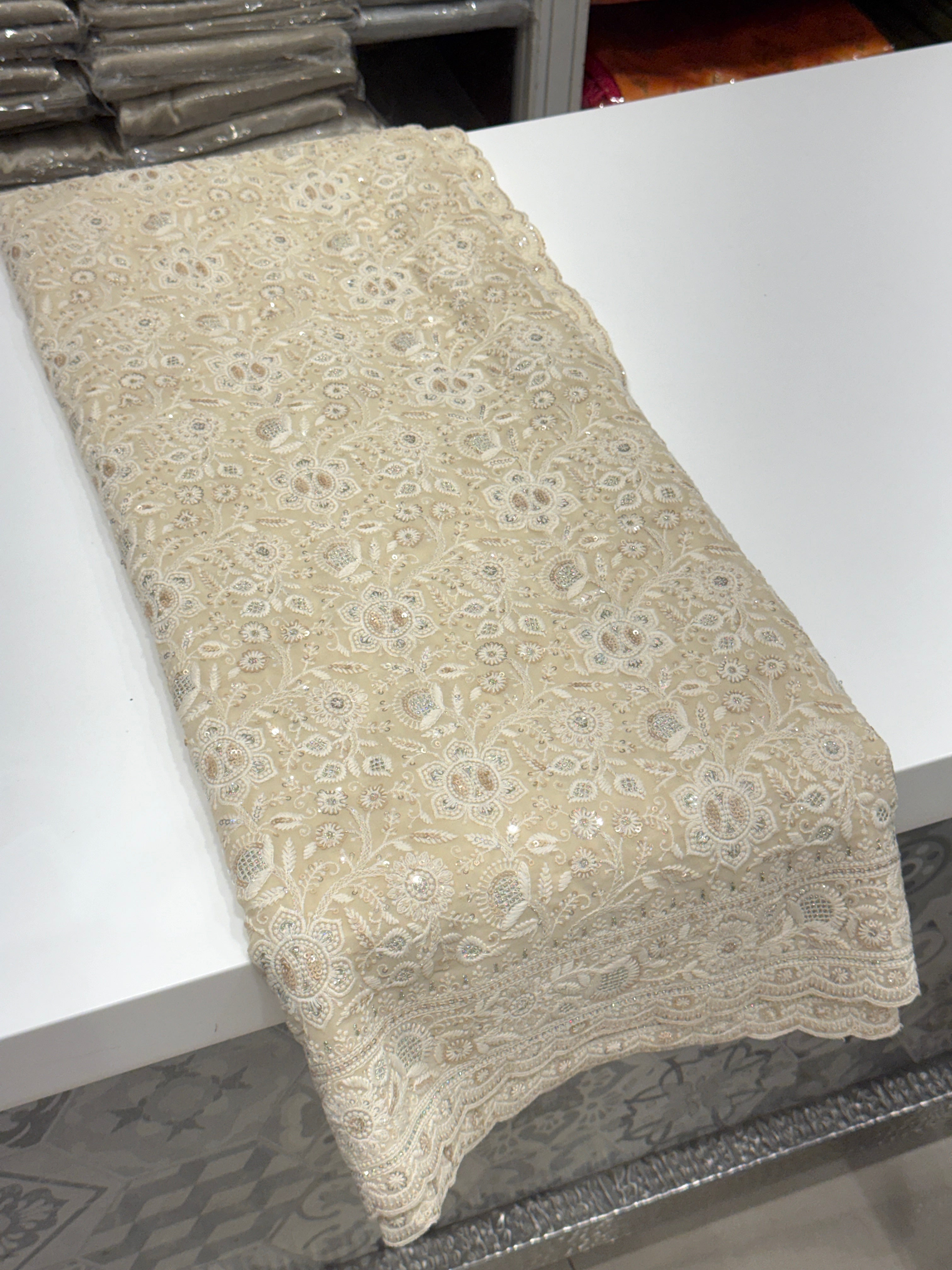 Cream Pink Chikankari Small Scallop Design Saree