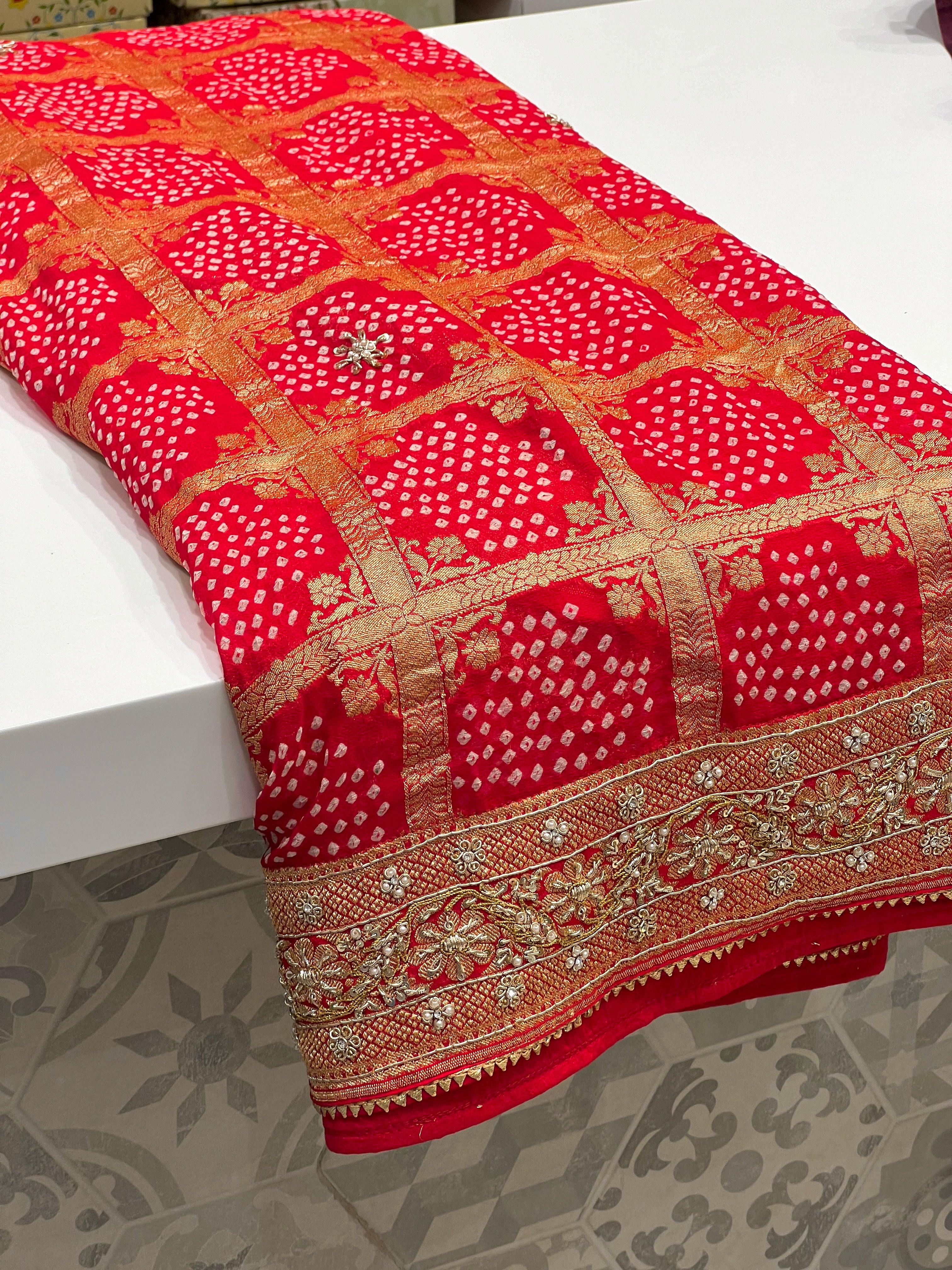 Red Bandhej Checks Design Zardosi  Embroidery Saree