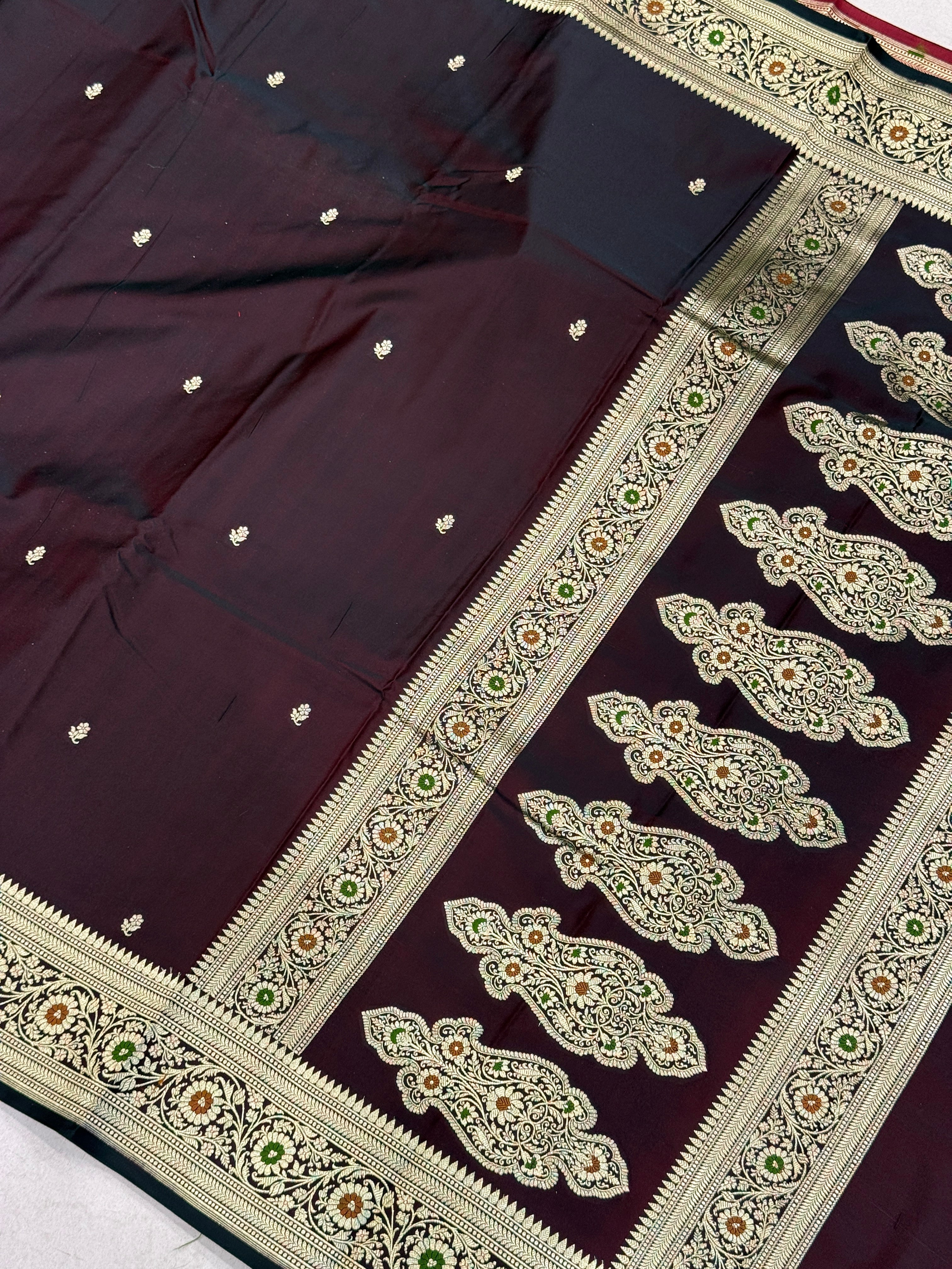 Browish Red Banarasi Silk Floral Buttis Meenakari Border Silk Saree