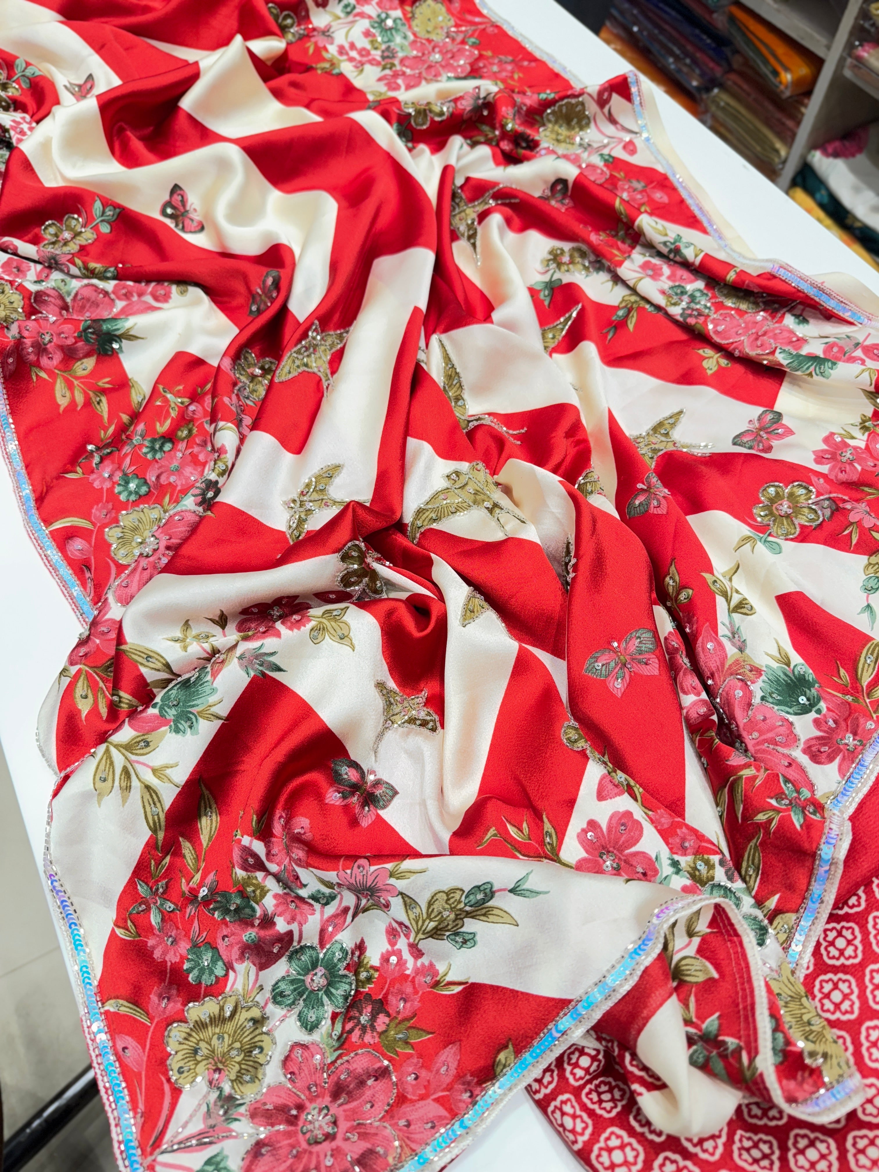 Trisha Krishnan Inspired Red Satin Hand Embroidery Saree