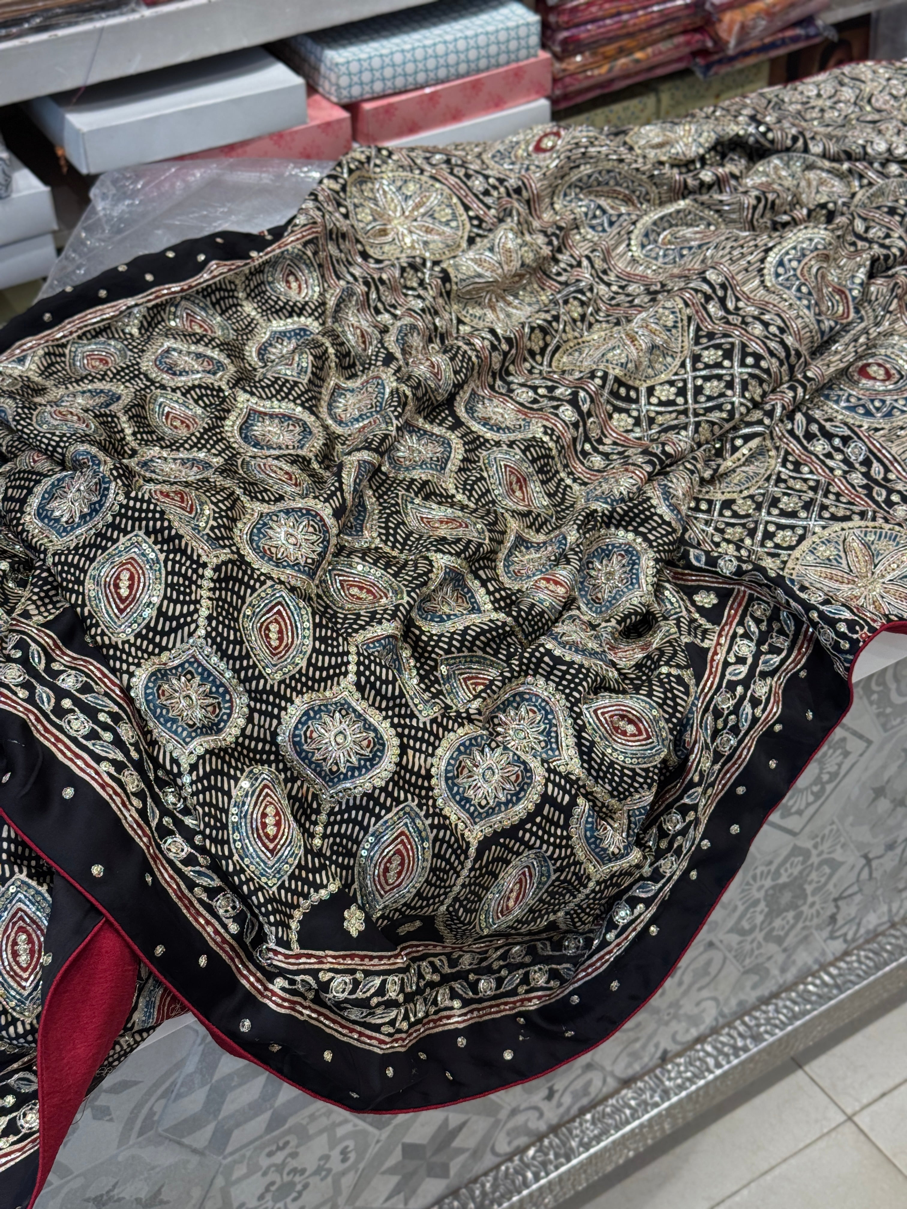 Ajrakh Hand Embroidery Zardosi and Pita Work