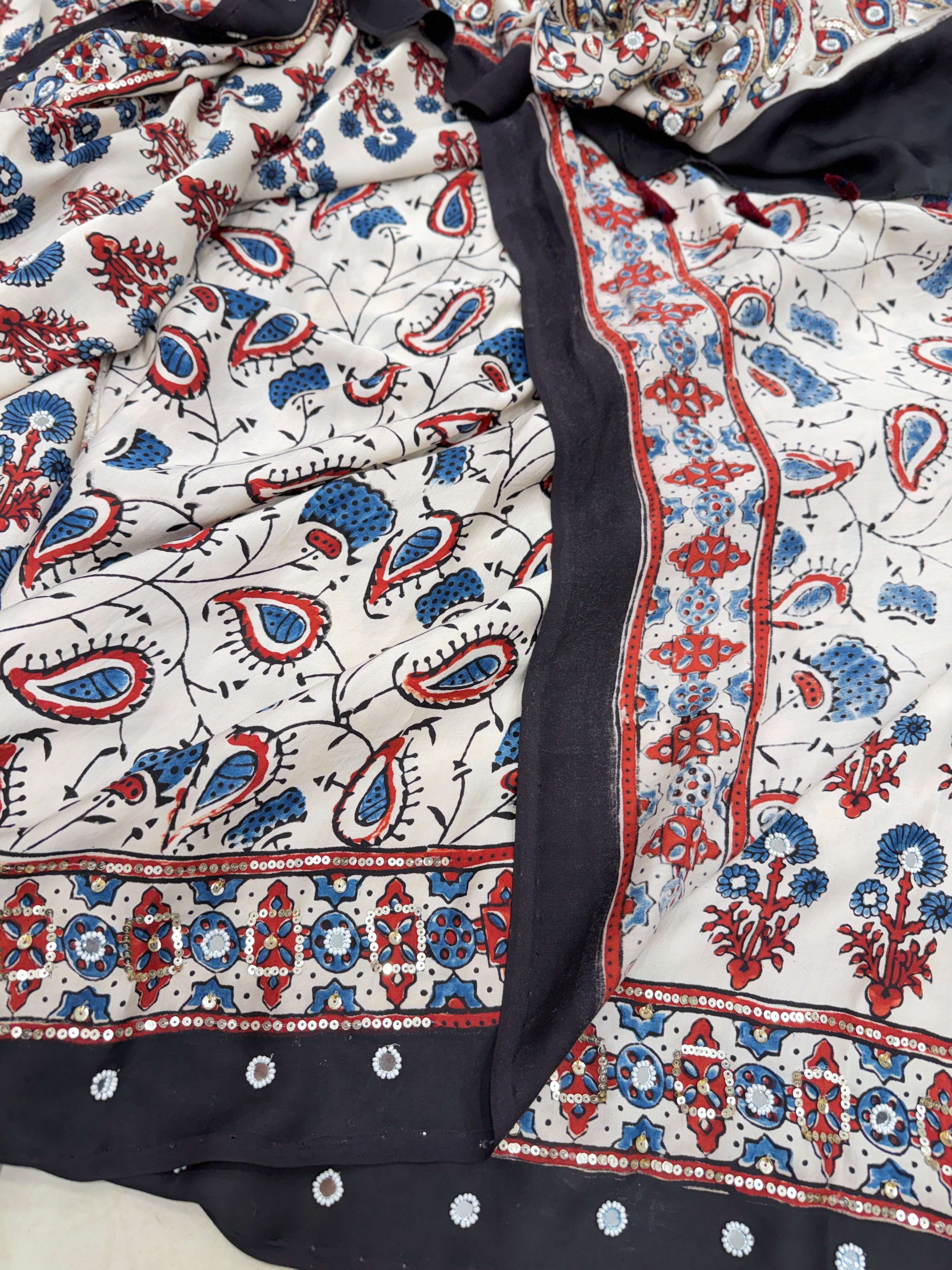 White Ajrakh Real Mirror Moti Sequin Hand Embroidery Saree