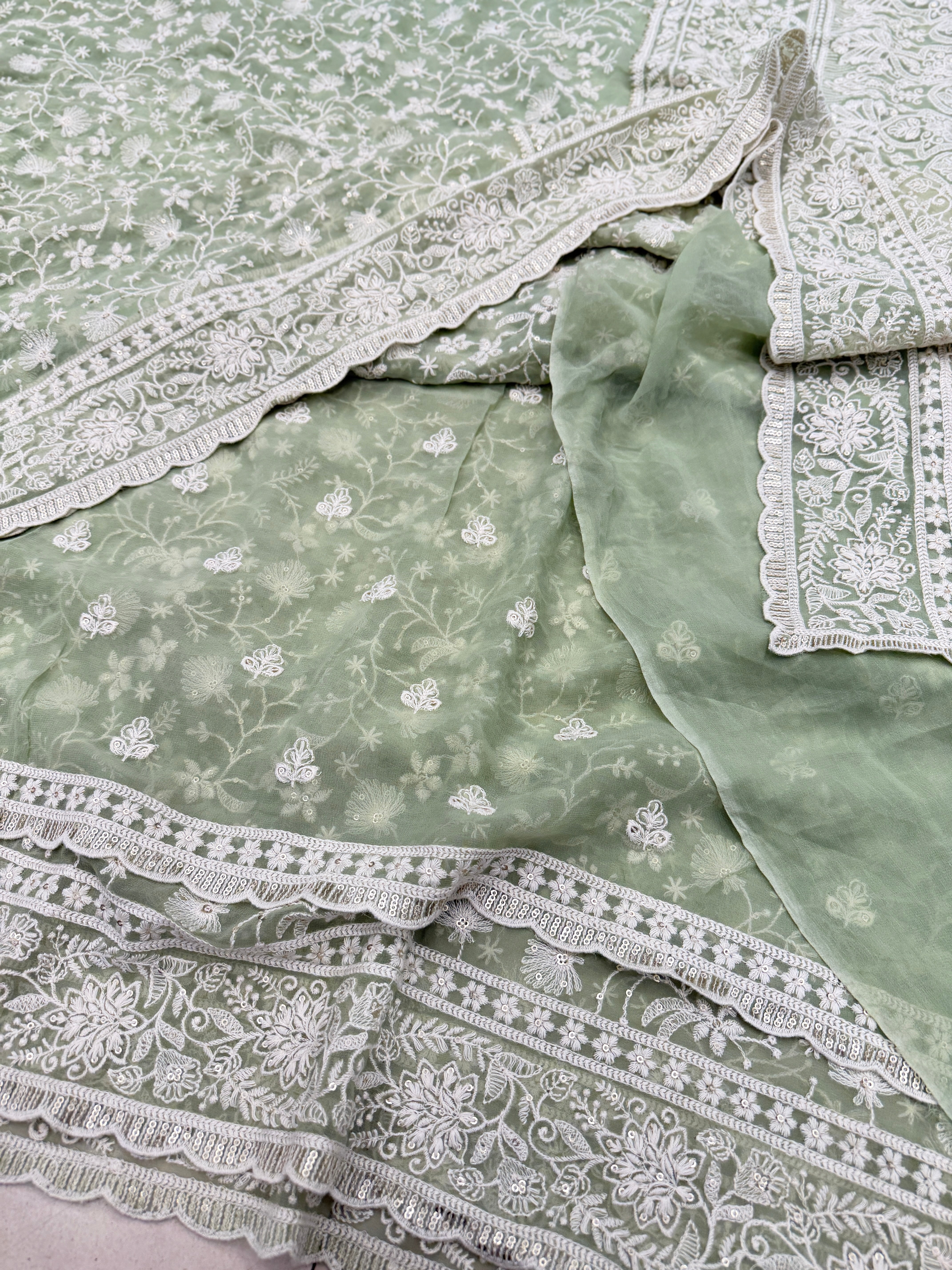 Pista Green Chikankari Georgette Jaal Saree