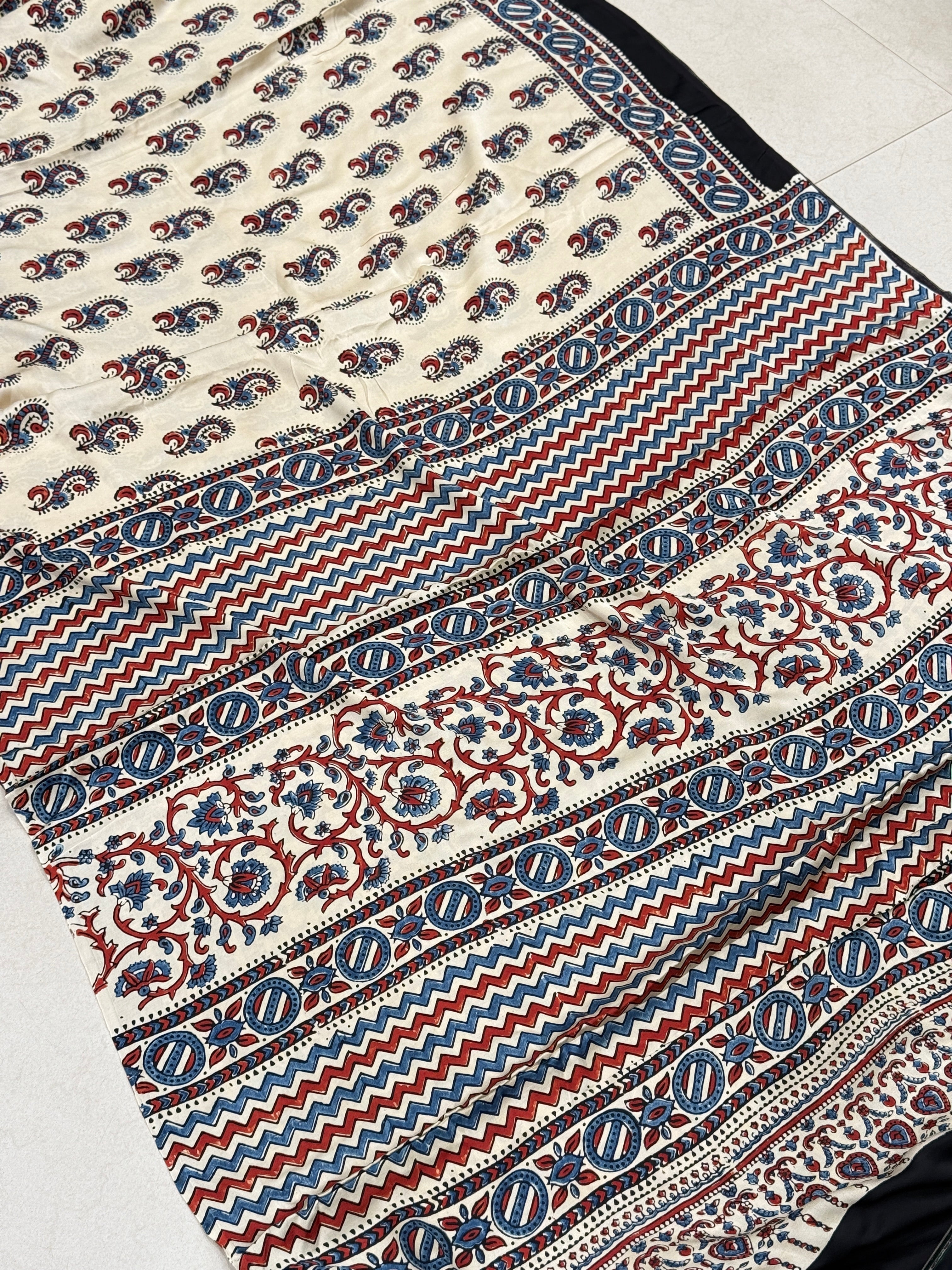 White Paisley Butti Ajrakh Hand Block Print Pure Gajji Silk Saree