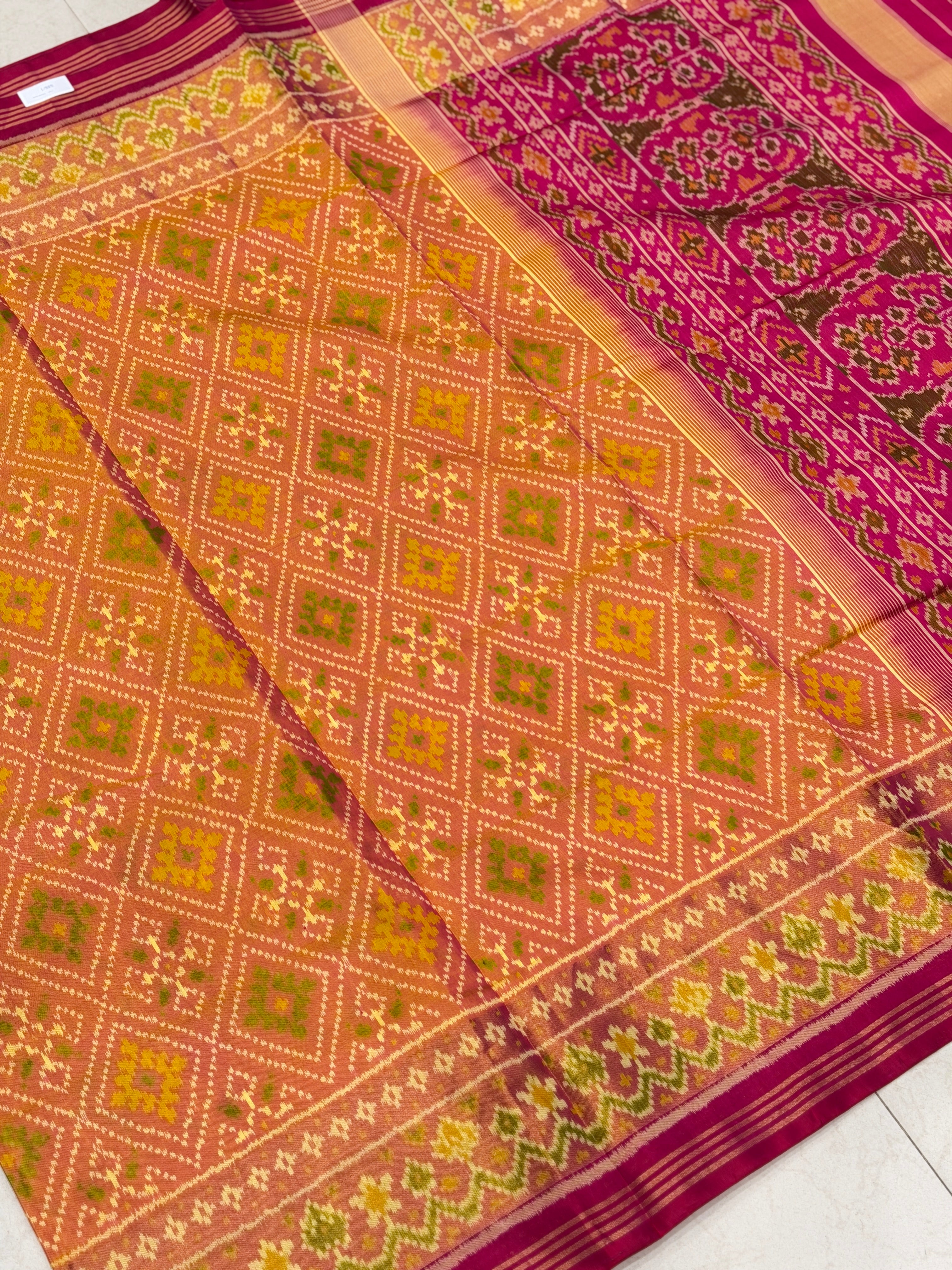 Rust Orange Choktha Bhat Handloom Rajot Ikat Patola Silk Saree