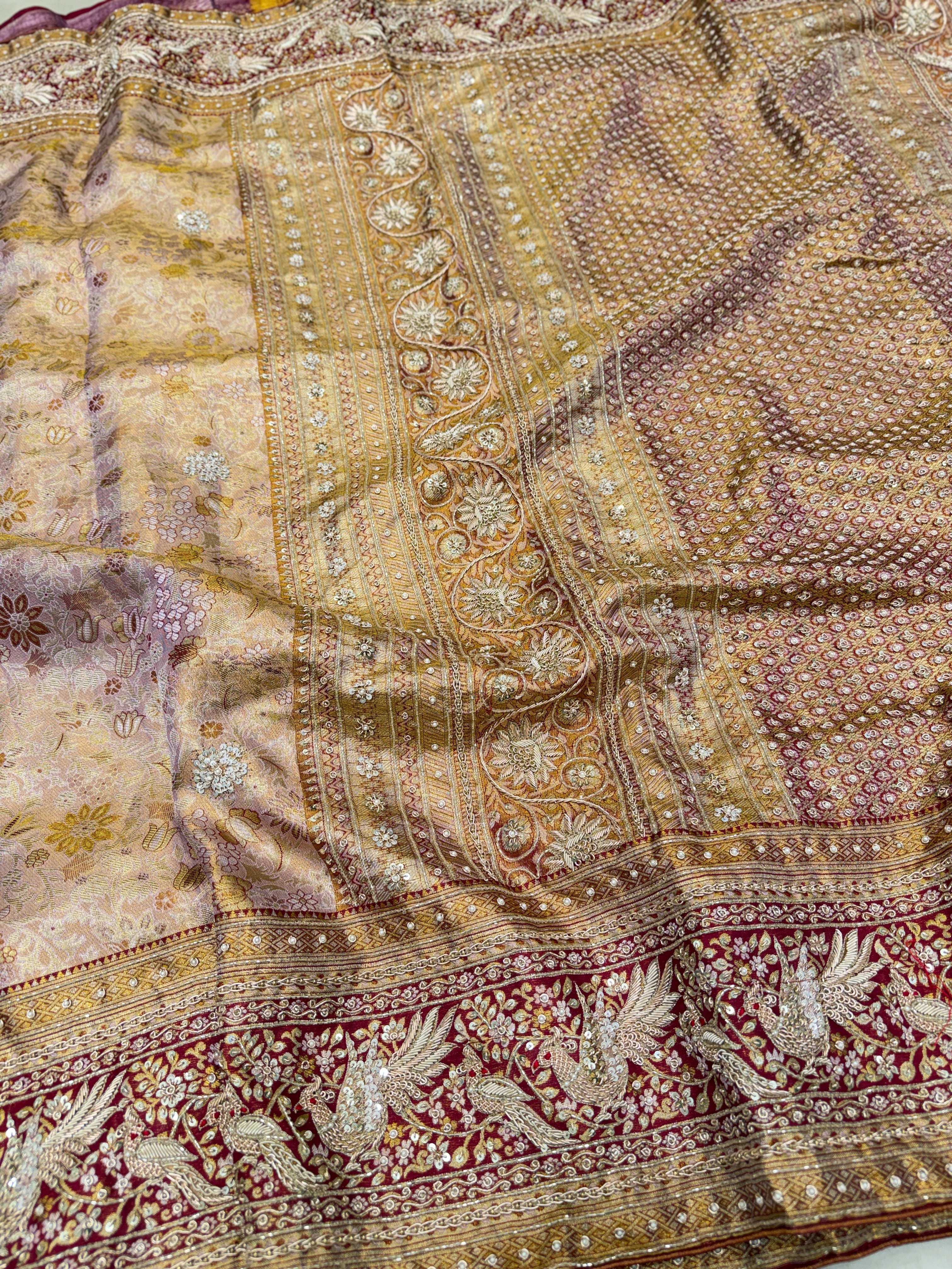 Pastel Pink Meenakari Tissue Kanjivaram Zardosi Hand Embroidery Saree