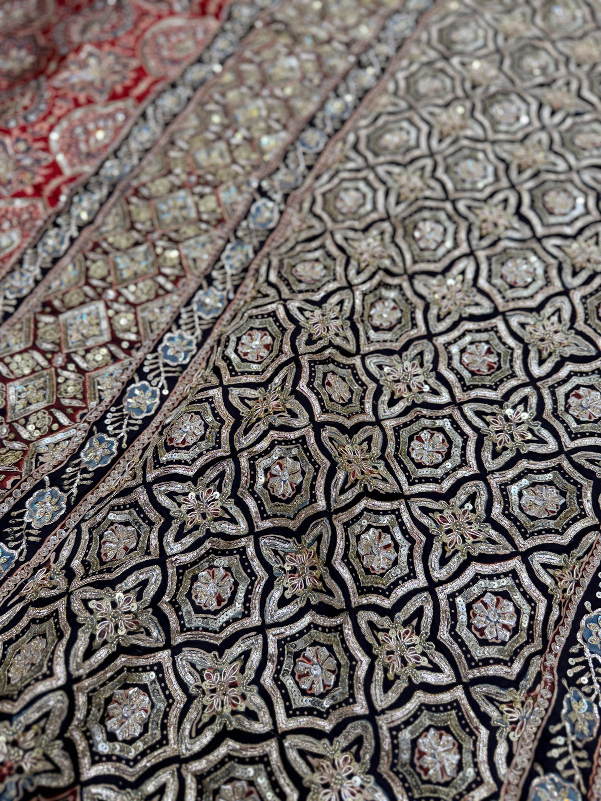Red Badam Butta Pita Zardosi Sequin Ajrakh Hand Embroidery Saree