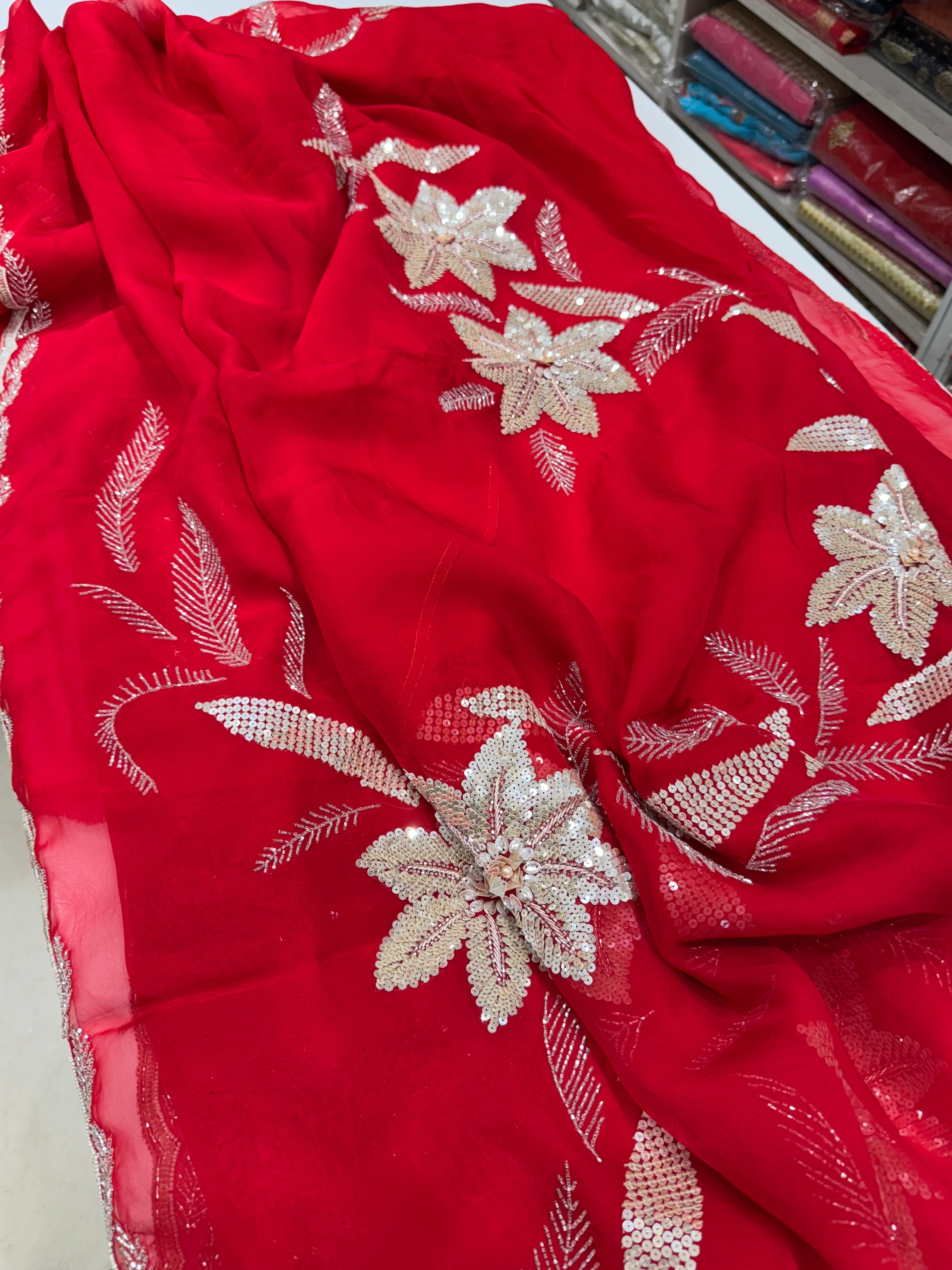 Red Satin Organza Embroidery Saree