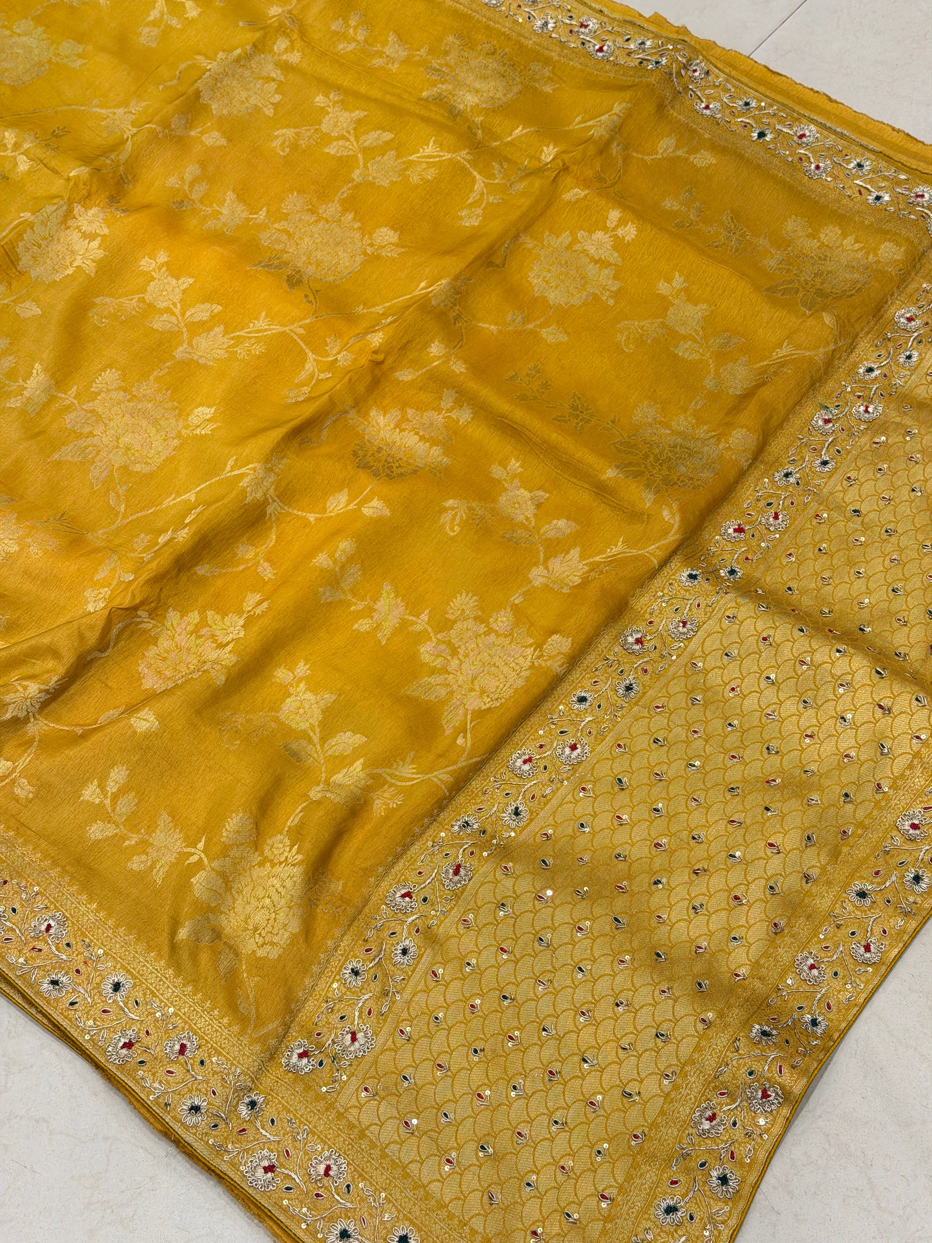 Mustard Yellow Banarasi Munga Zardosi Resham Hand Embroidery Saree