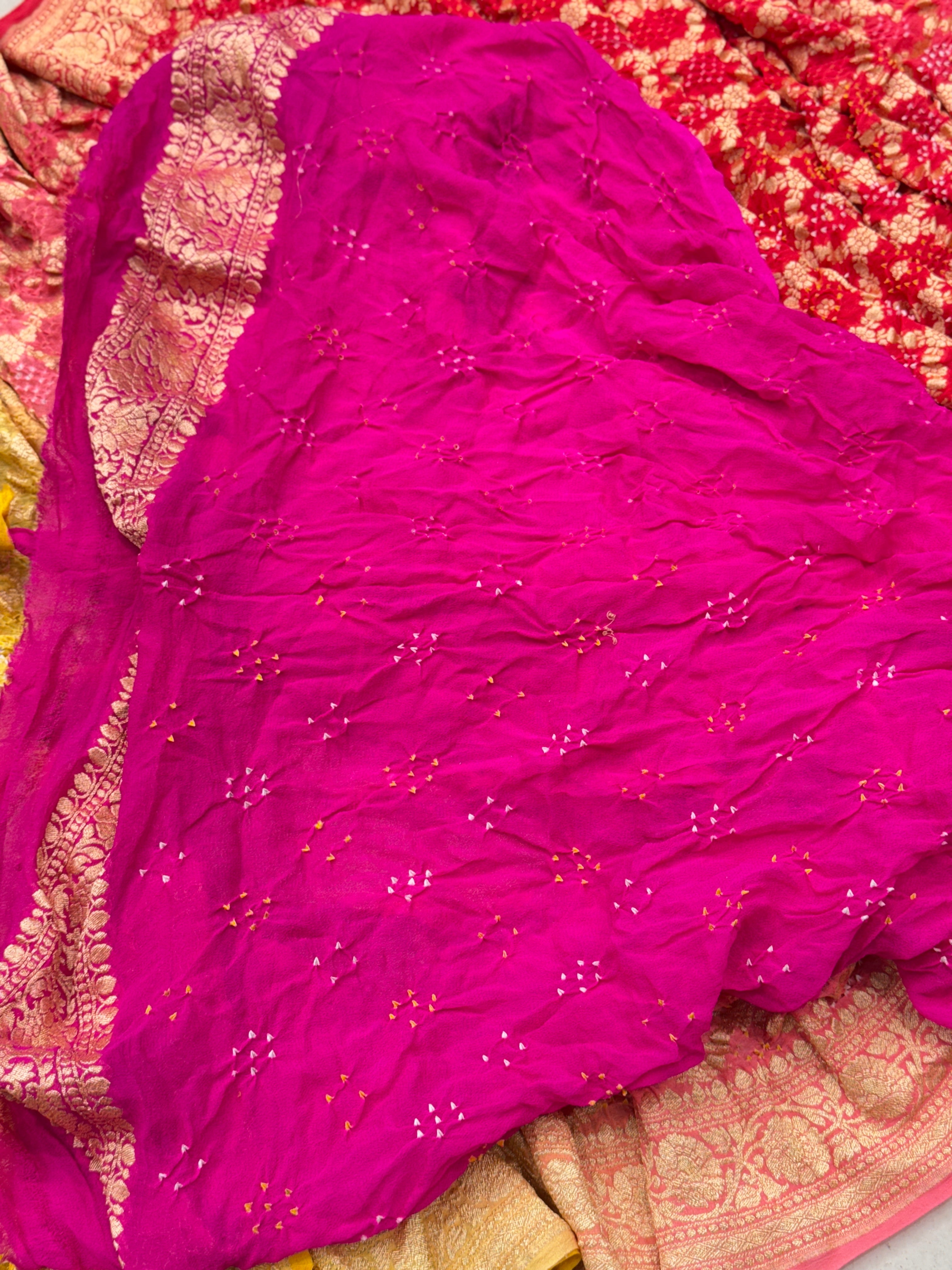 Six Shaded Butti Jaal Bandhej Bandhini Saree