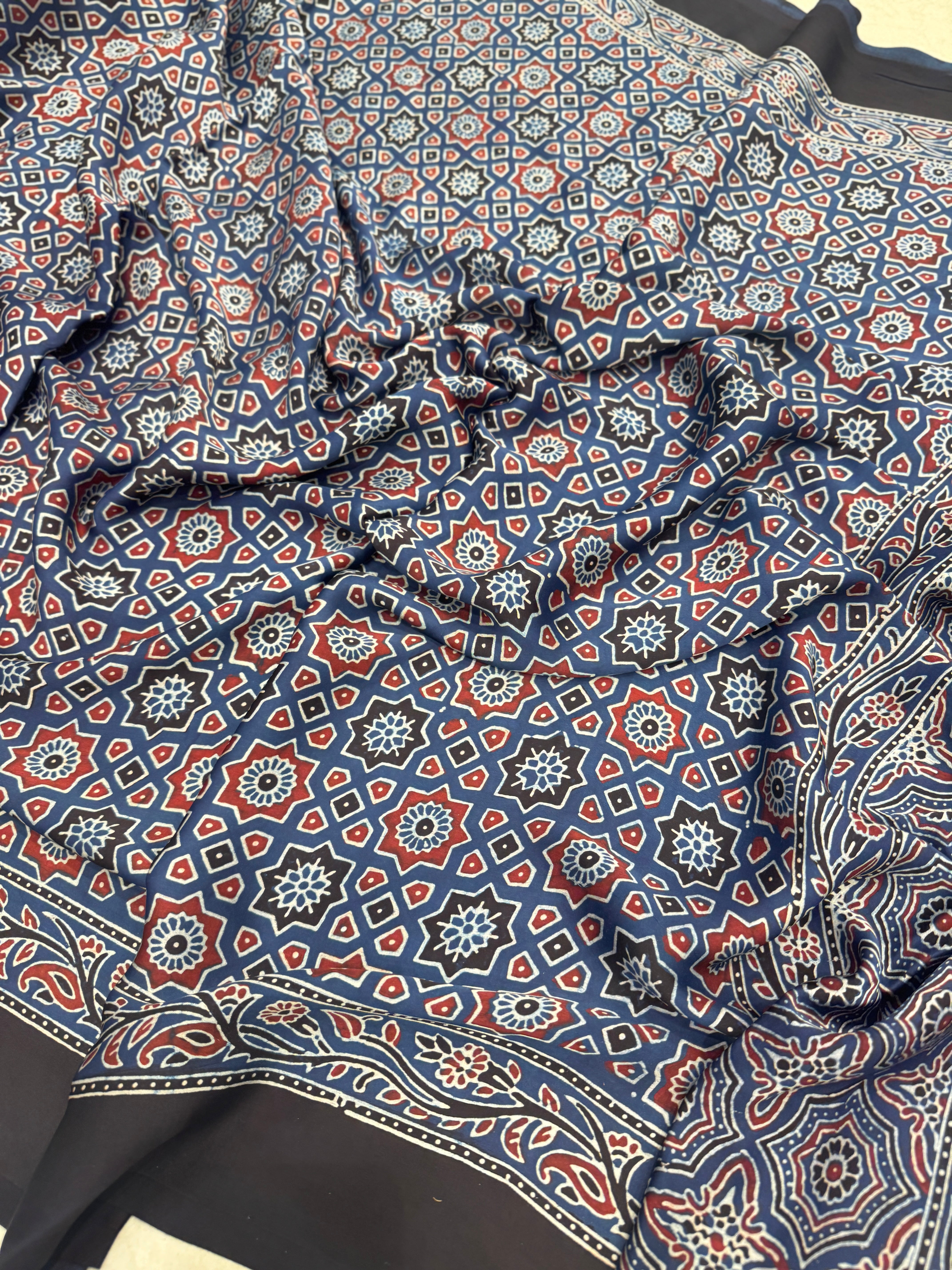 Blue Star Buttas Hand Block Print Ajrkah Pure Gajji Silk Saree