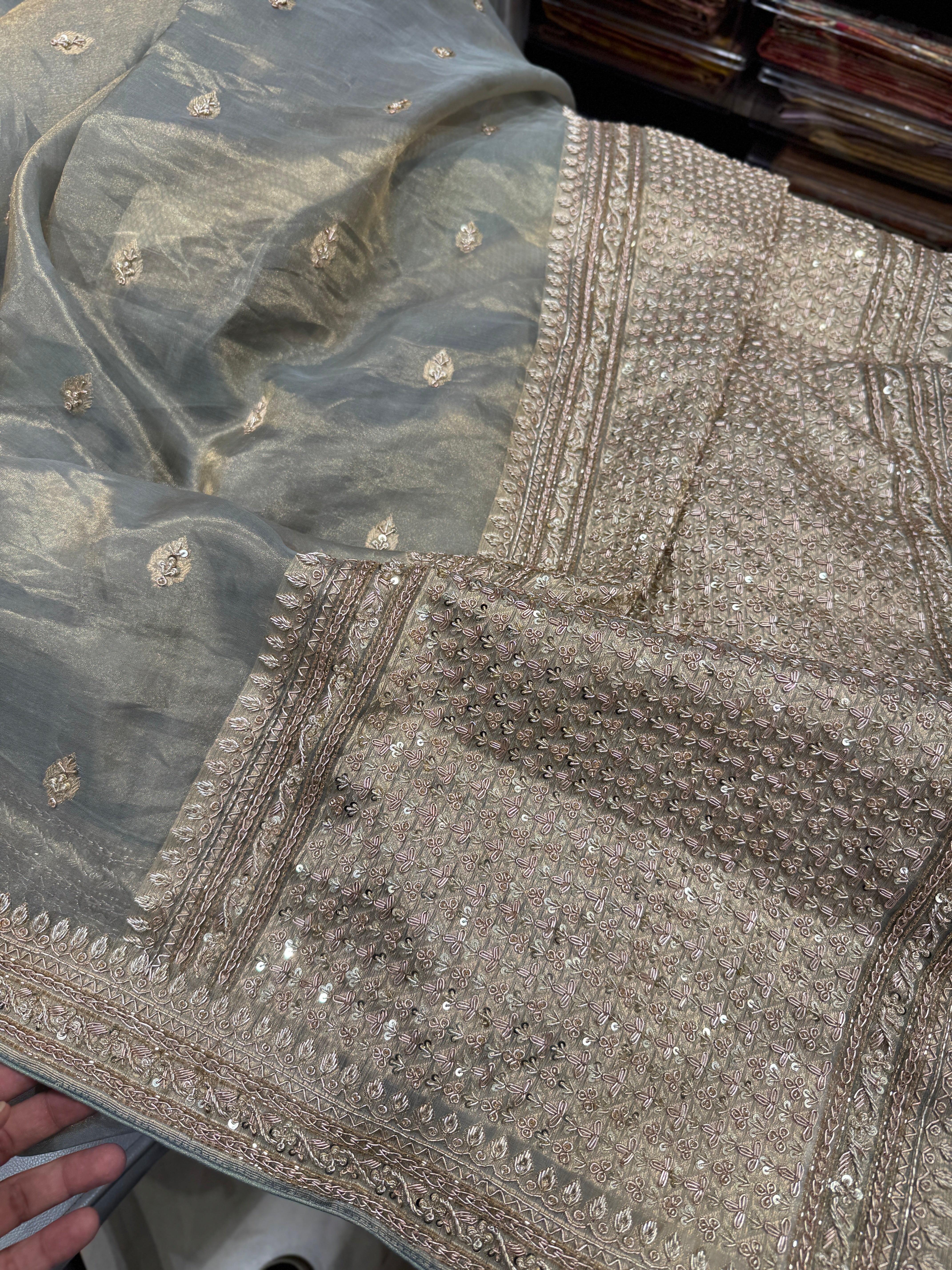 Cement Grey Banarasi Tissue Kadwa Buttas Zardosi Hand Embroidery Saree