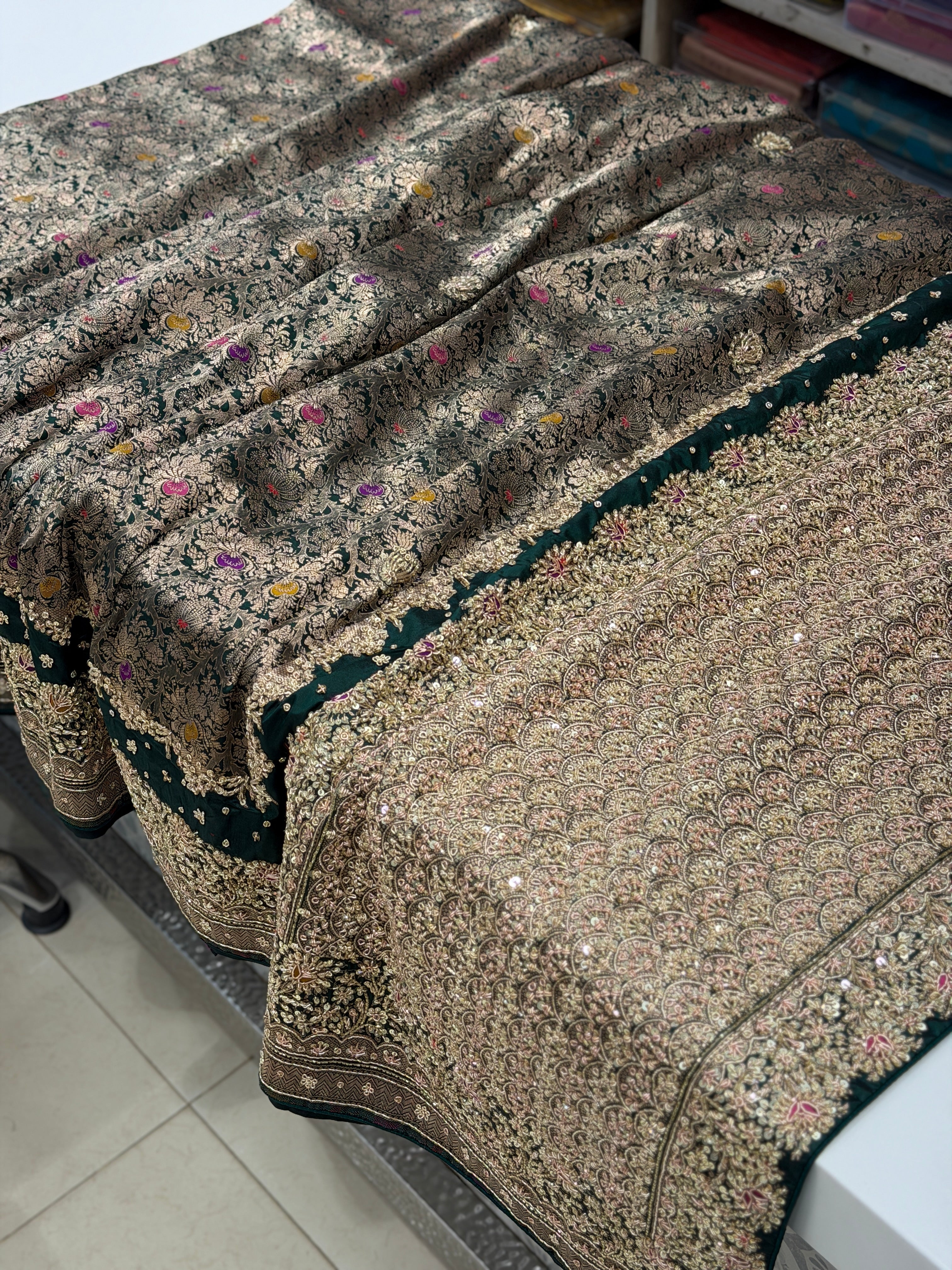 Bottle Green Meenakari Double Border Handloom Banarasi Pure Katan Zardosi Embroidery Saree
