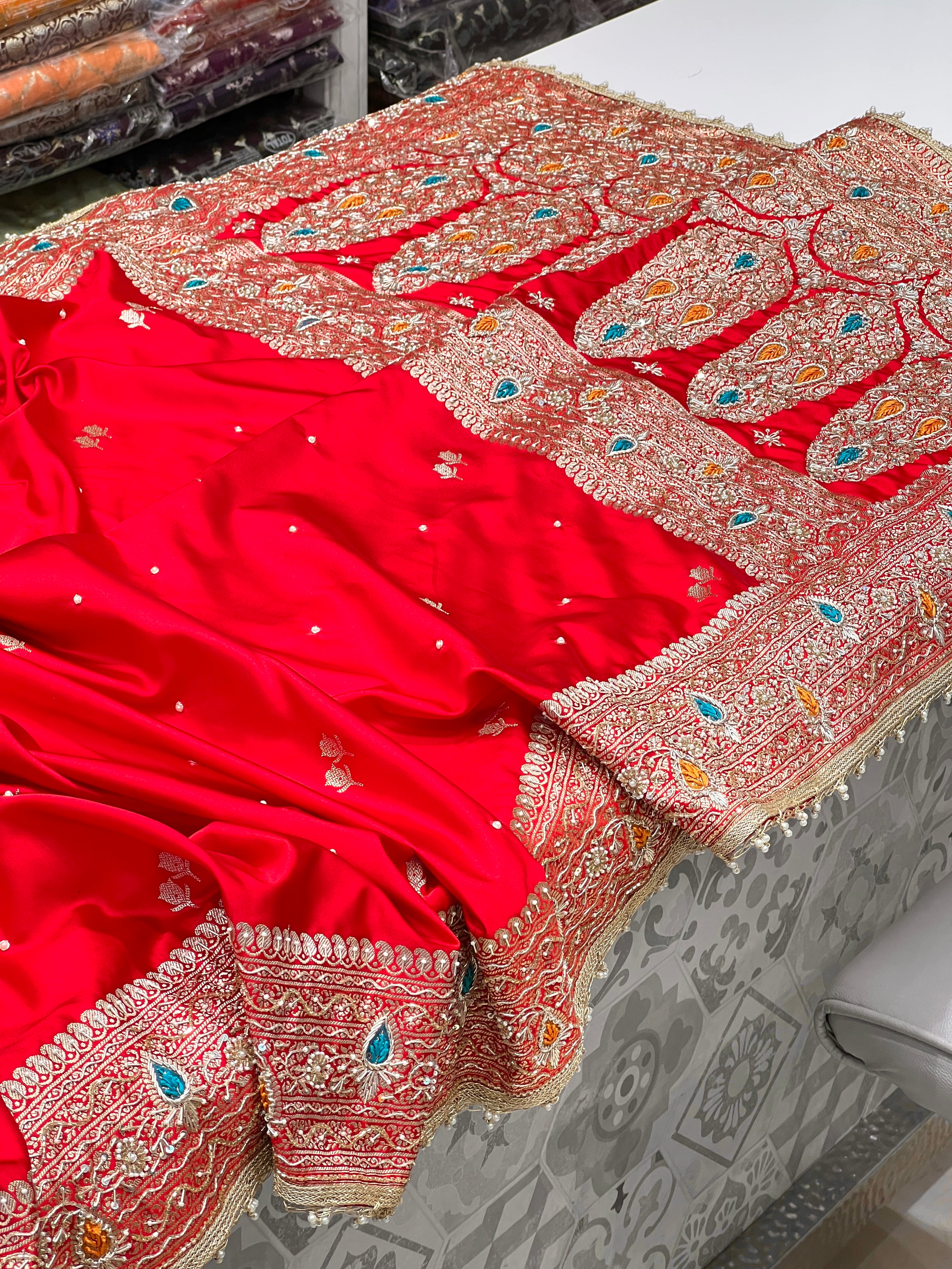 Red Banarasi Meena Resham Hand Embroidery Saree