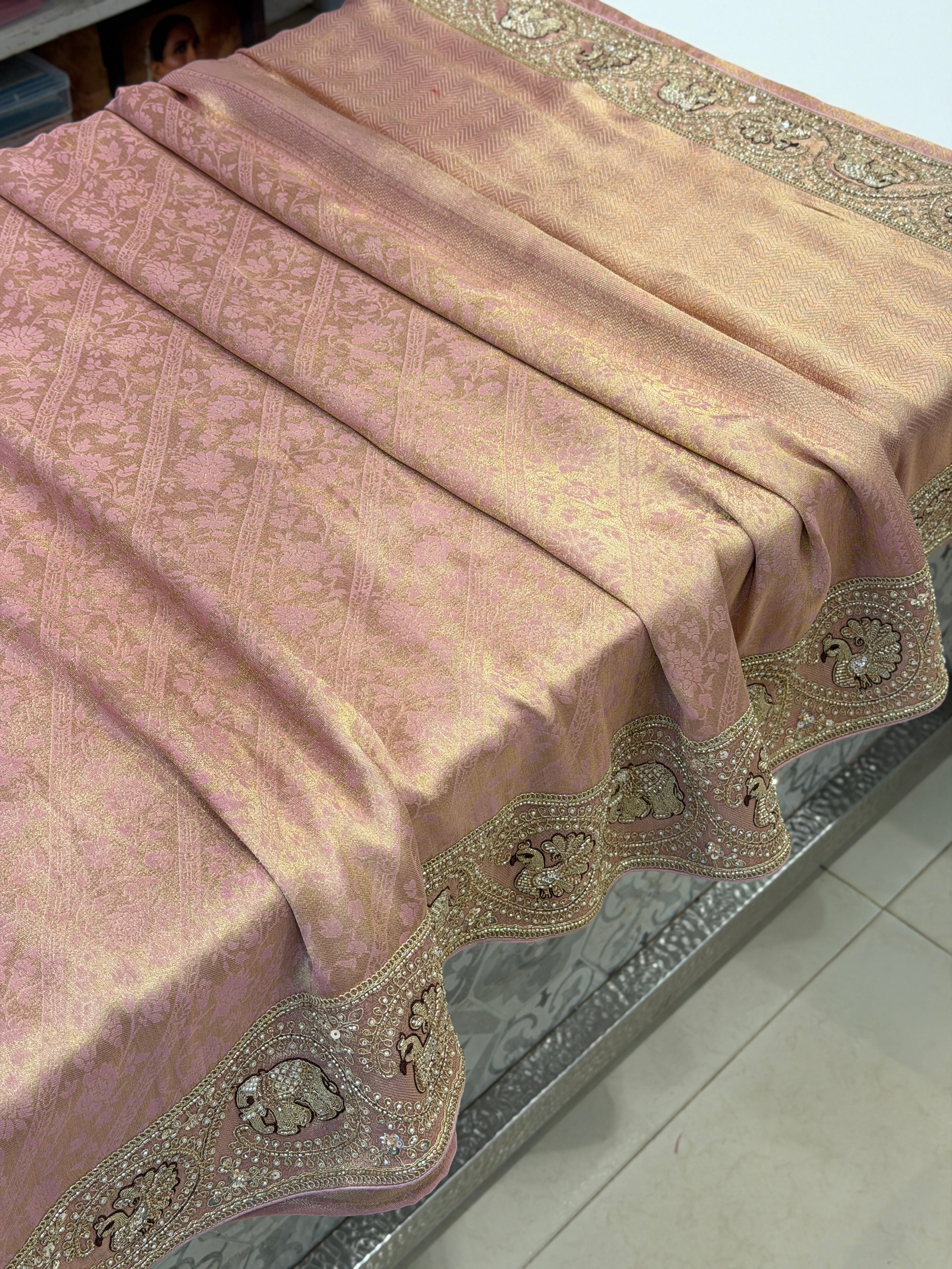 Light Pink Banarasi Crepe Tissue Elephant Motif Embroidery Saree