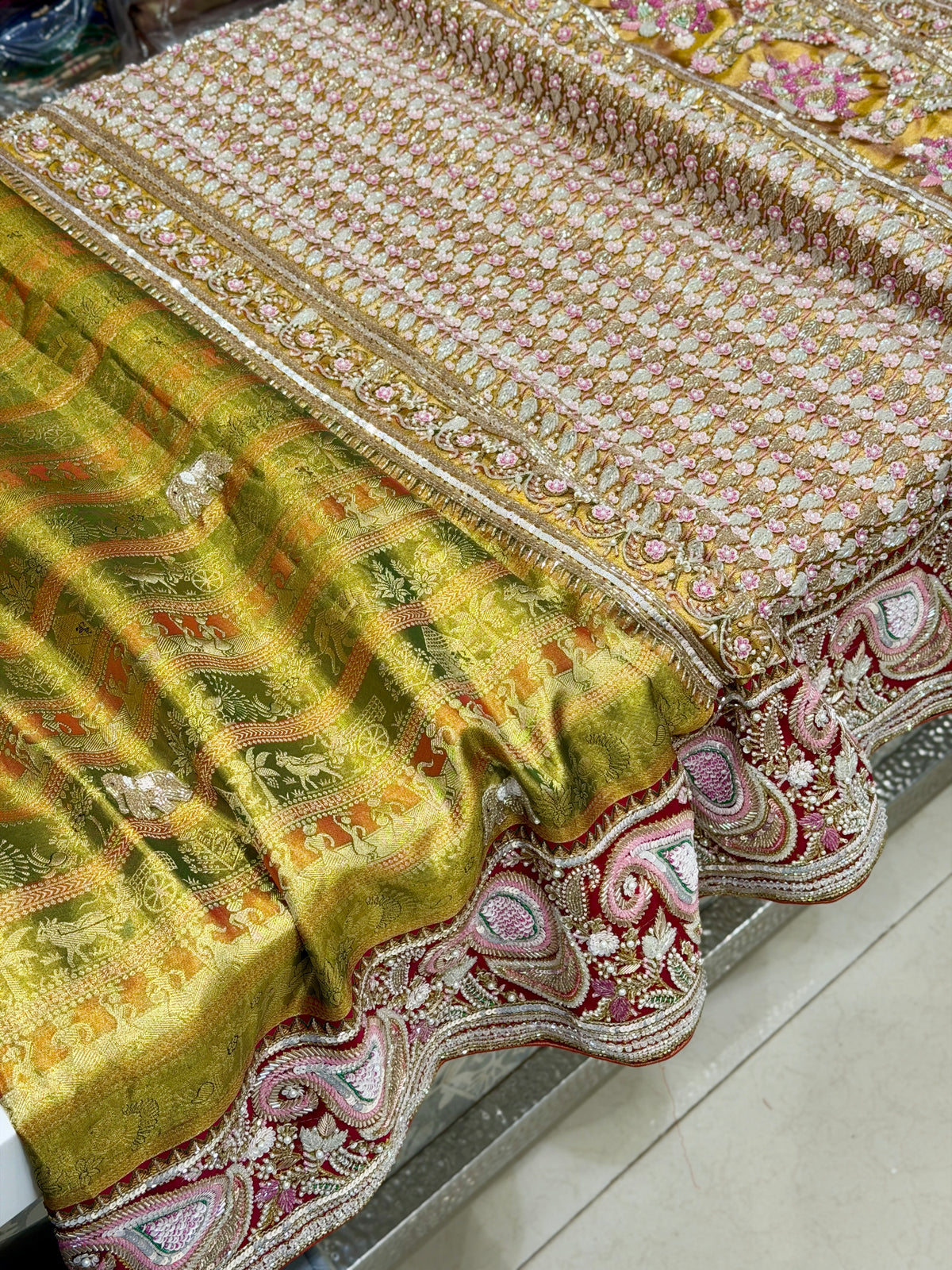 Green Meenakari Tissue Kanjivaram Zardosi Moti Hand Embroidery Saree