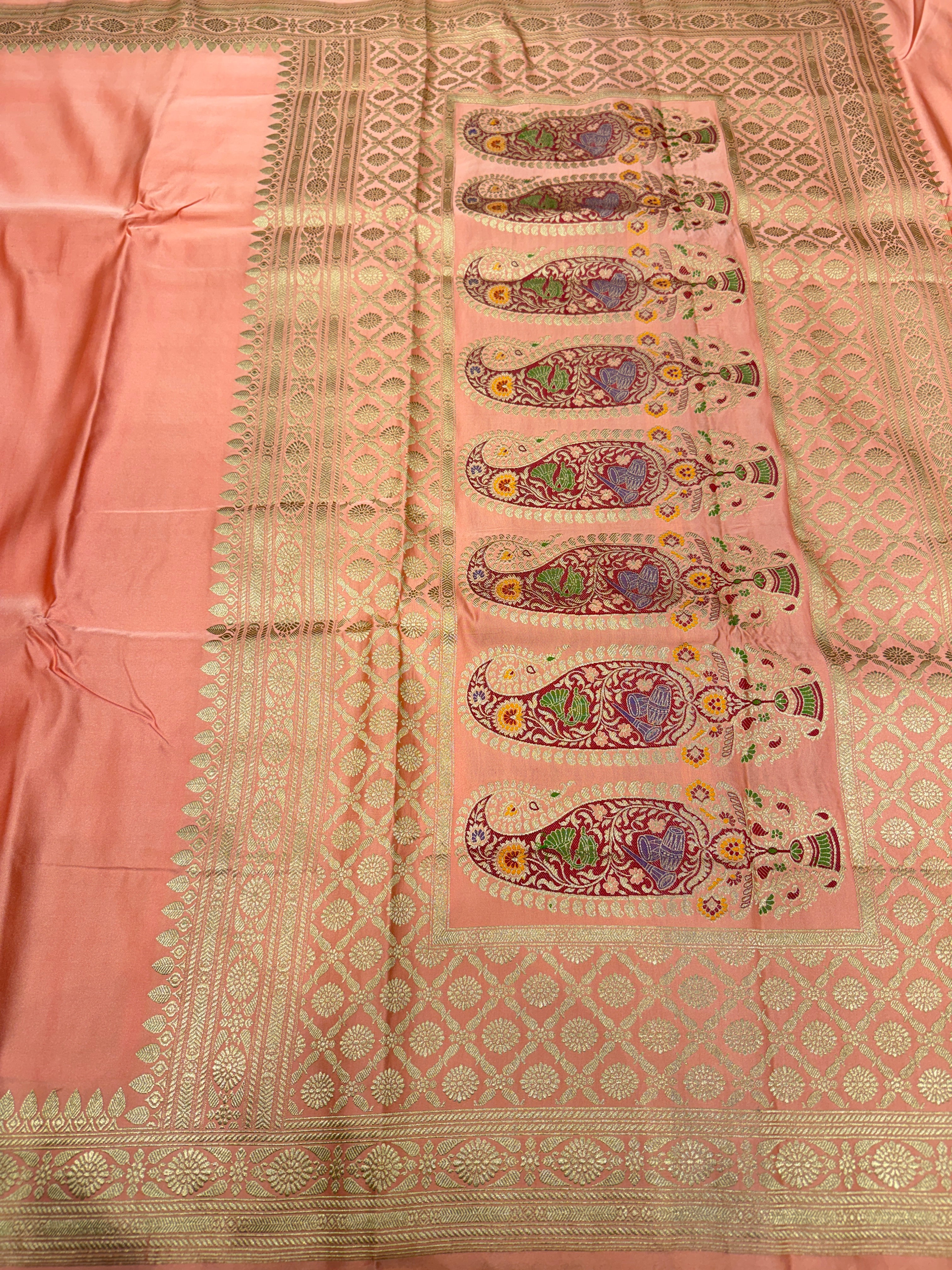 Peach Banarasi Silk Plain Body Meena Pallu Saree