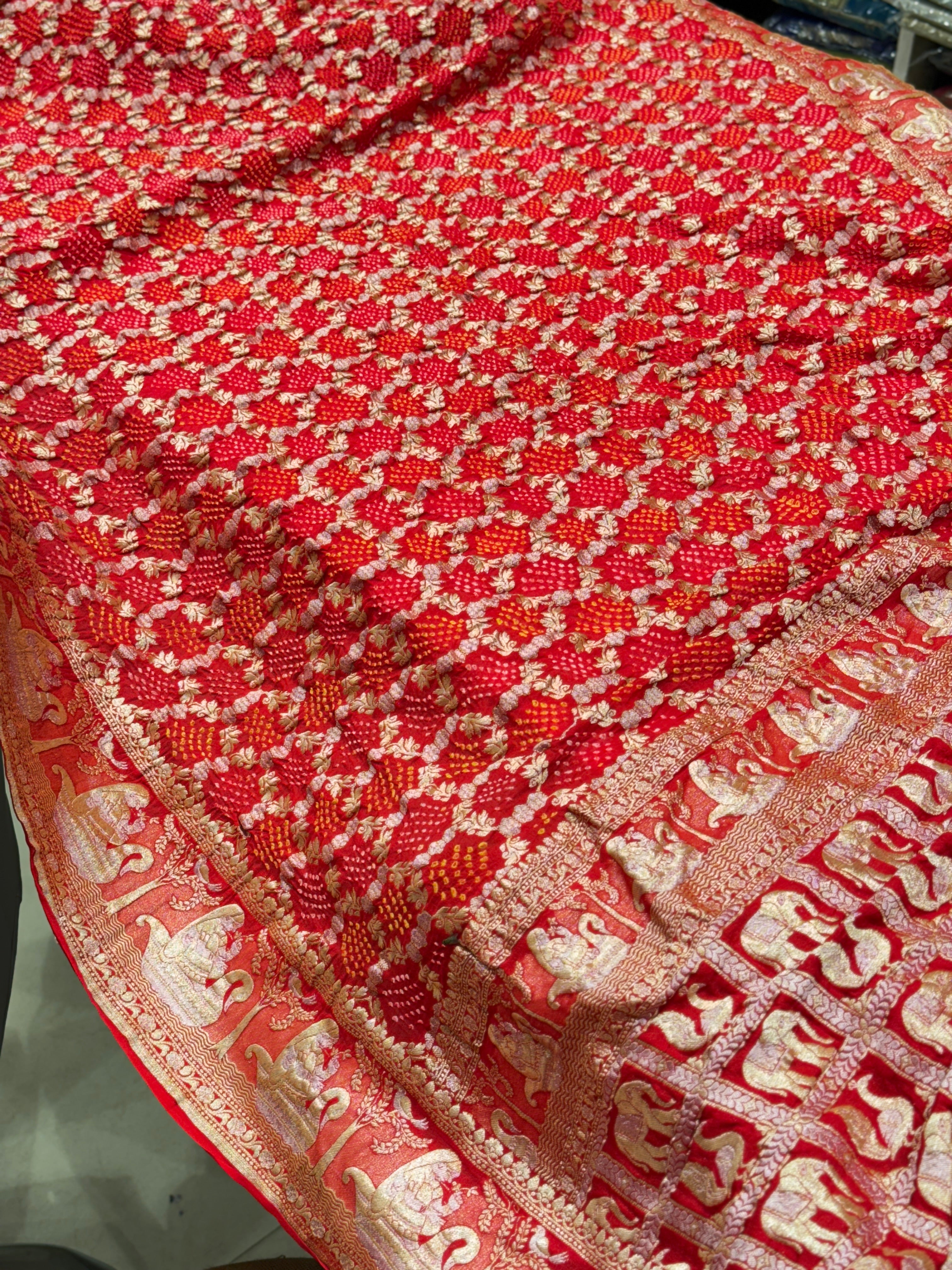 Red Sona Roopa Handmade Bandhej Saree