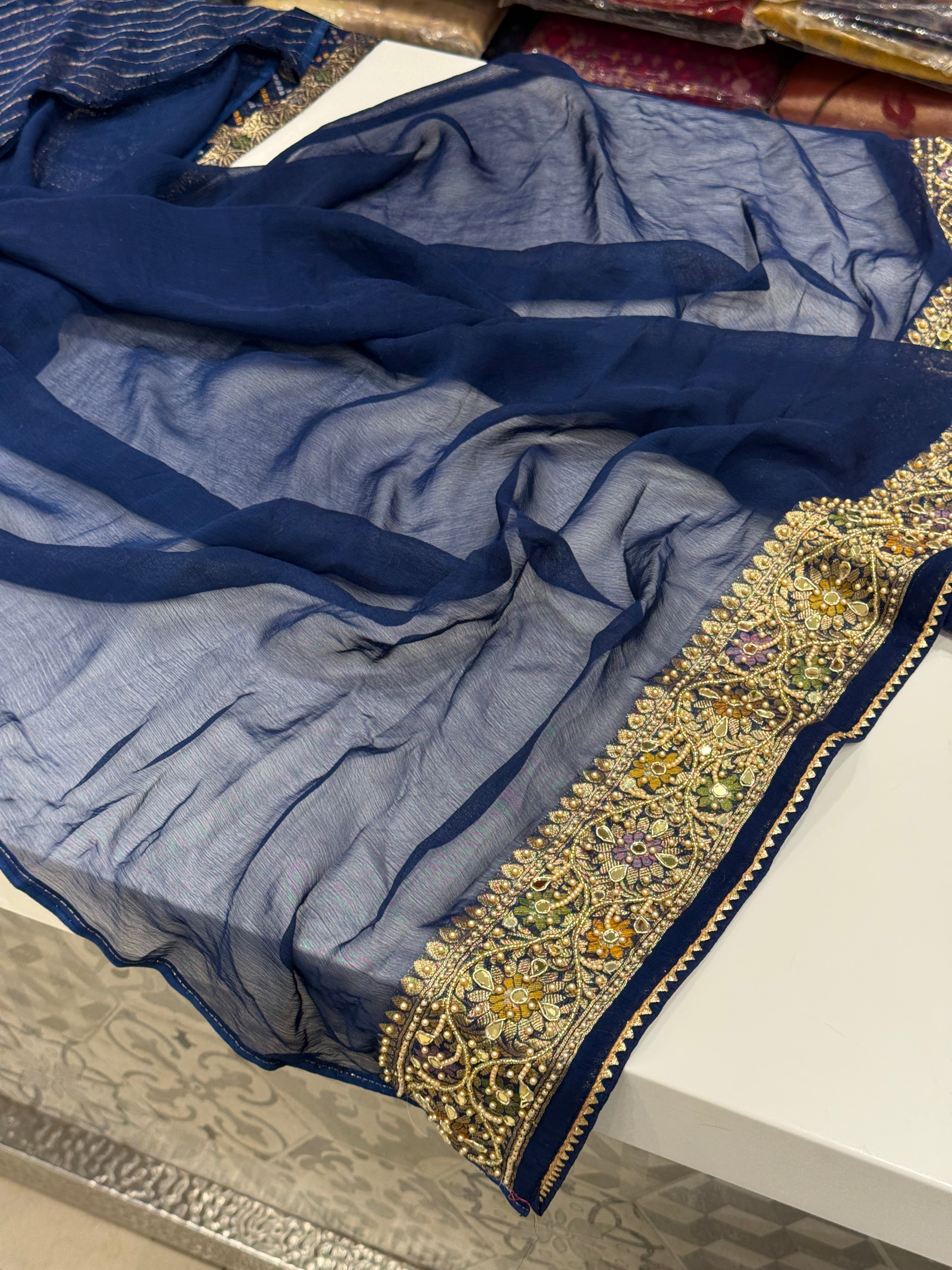 Blue Gharchola Meenakari Moti Hand Embroidery Saree