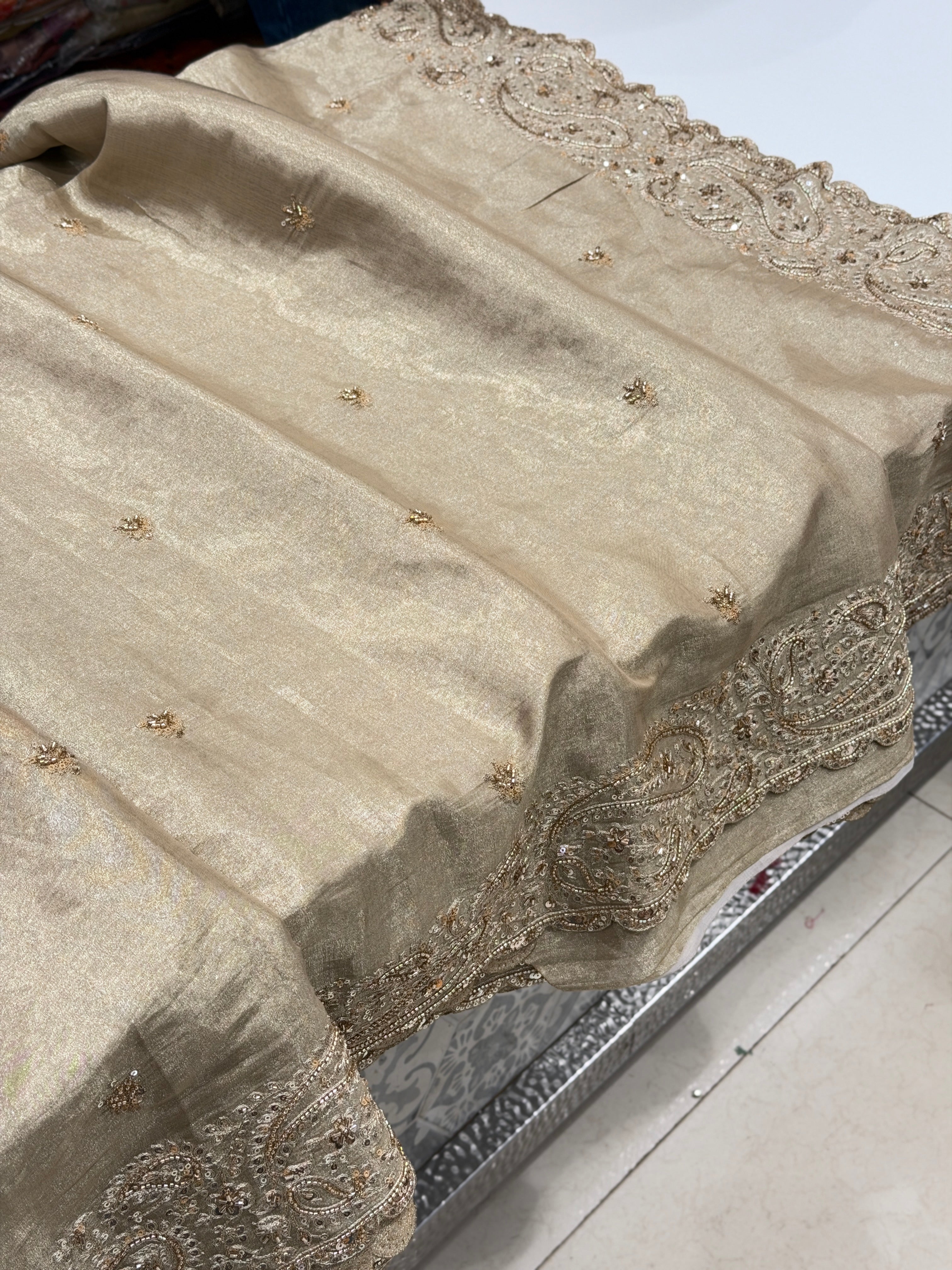 Light Golden Tissue Cutdana Moti Embroidery Saree