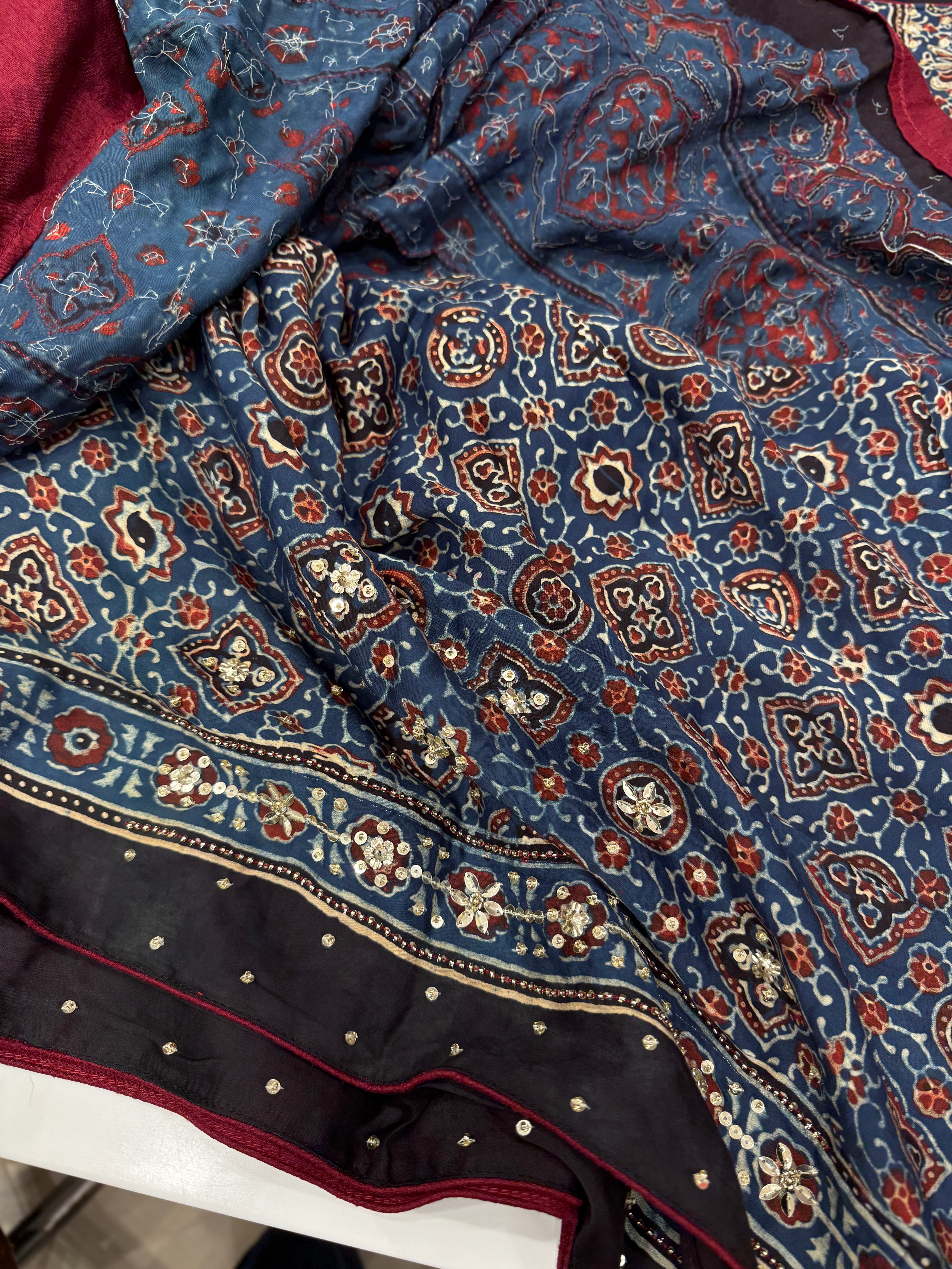 Blue Ajrakh Buttas Sequins Hand Embroidery Saree
