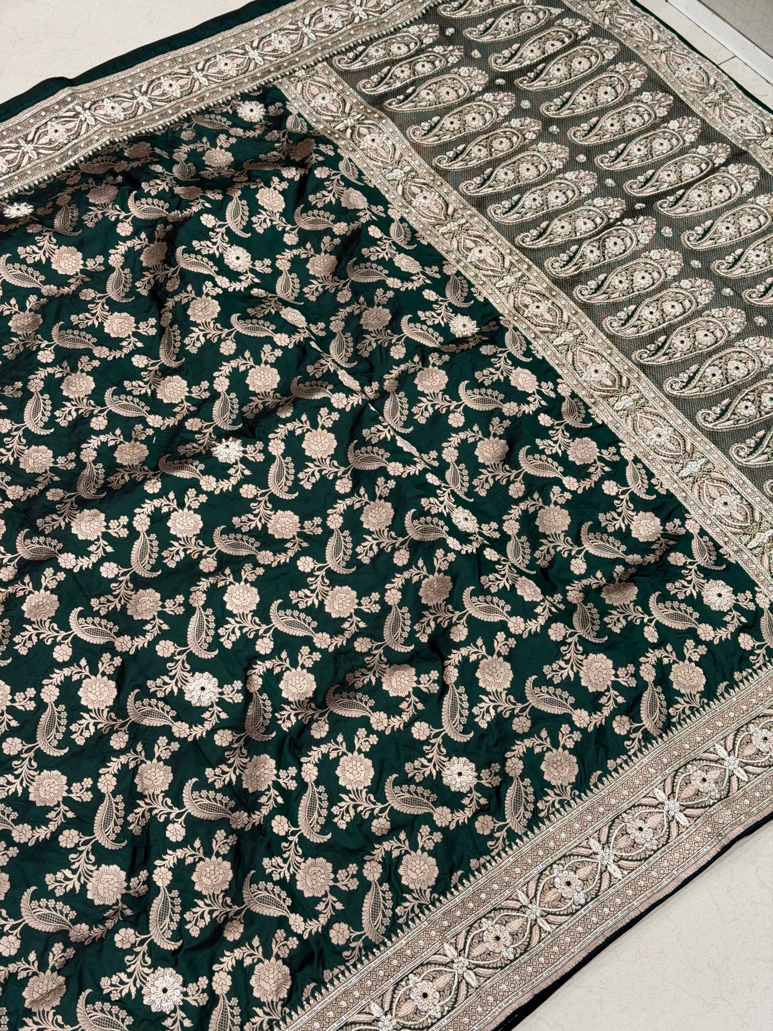 Bottle Green Jaal Handloom Banarasi Pure Katan Zardosi Embroidery Saree