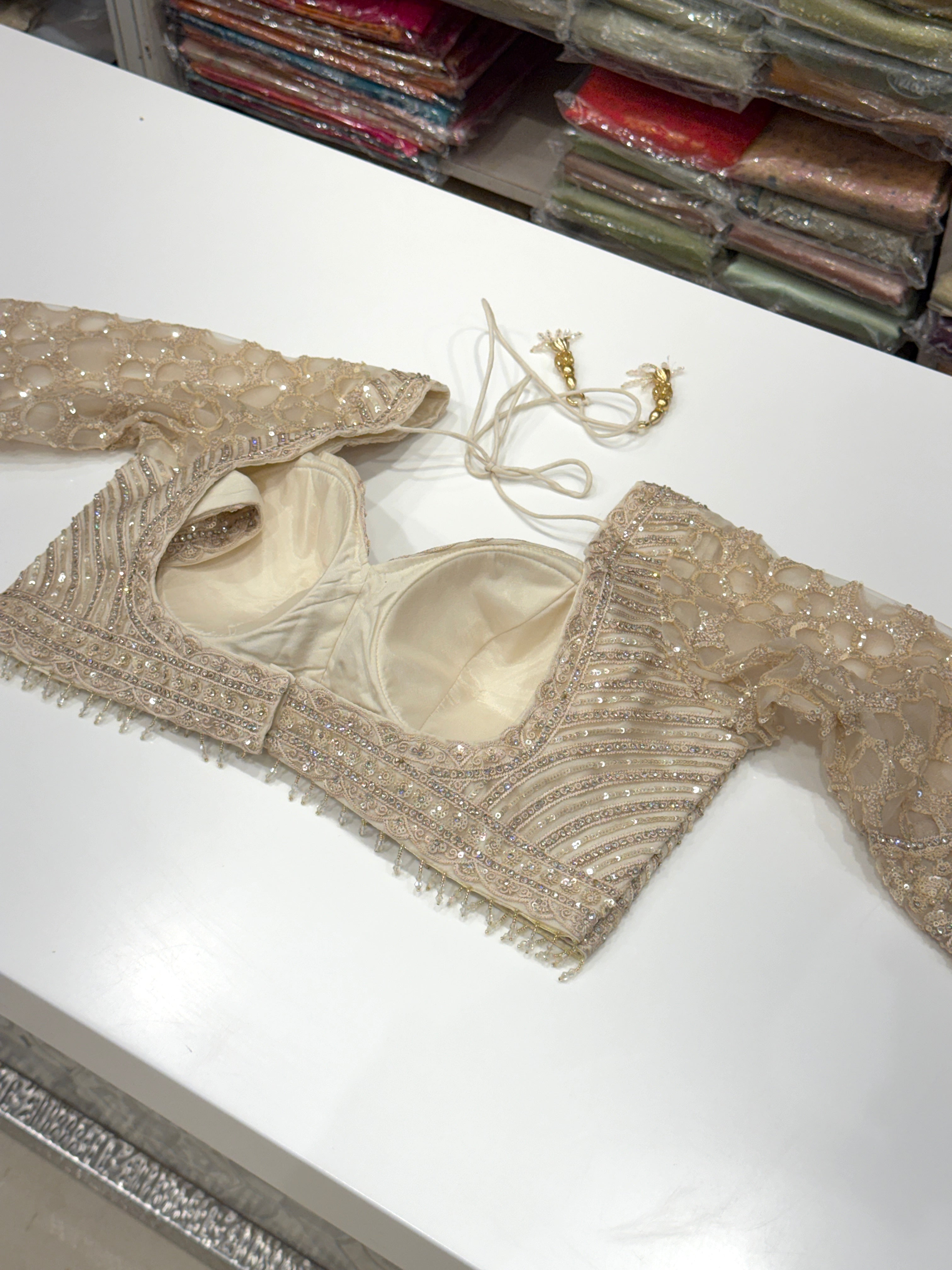 Gold Net Embroidery Sequin Saree with Ready Blouse