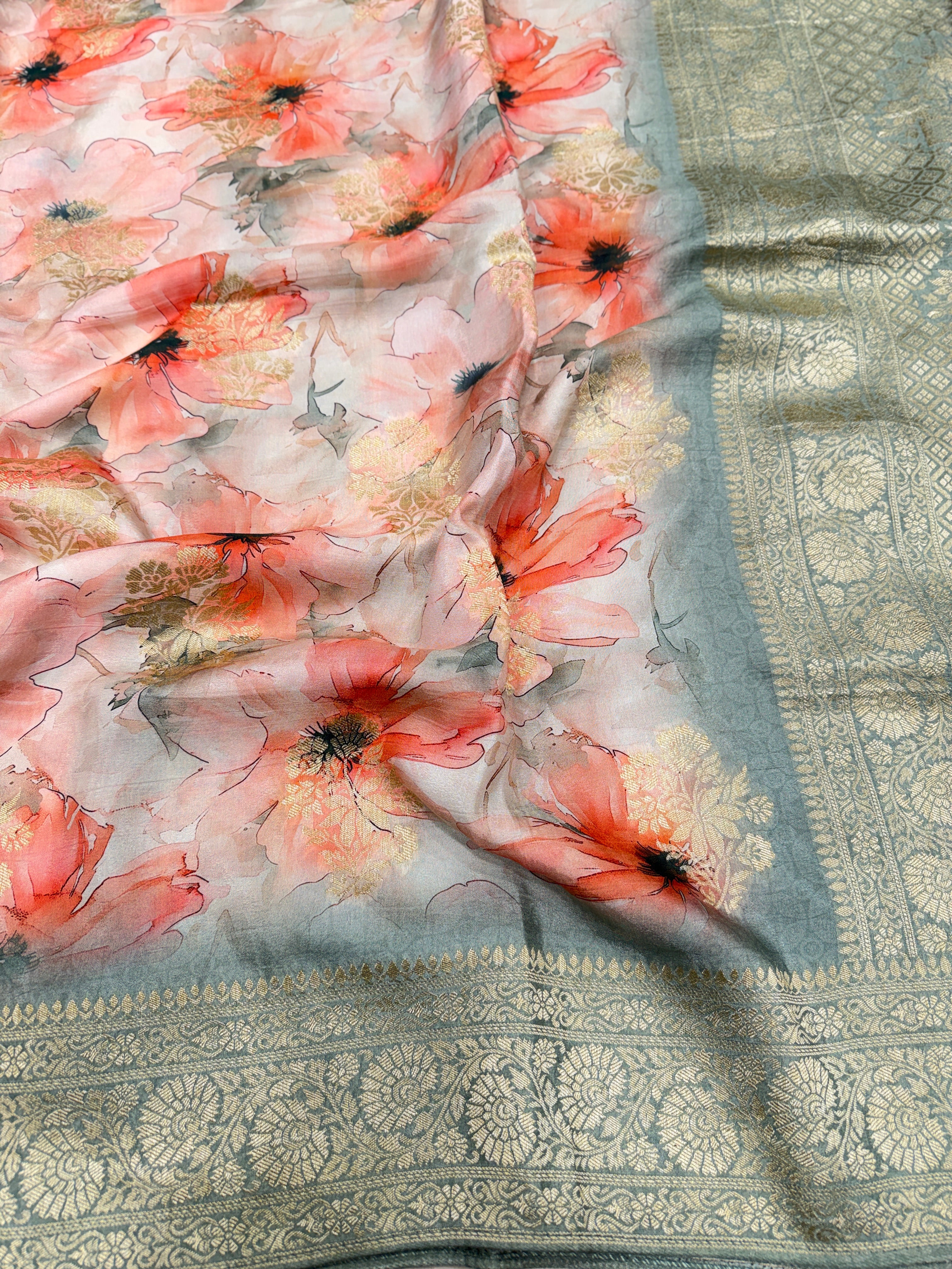 Soft Grey Floral Multi Colour Print Munga Soft Silk Saree