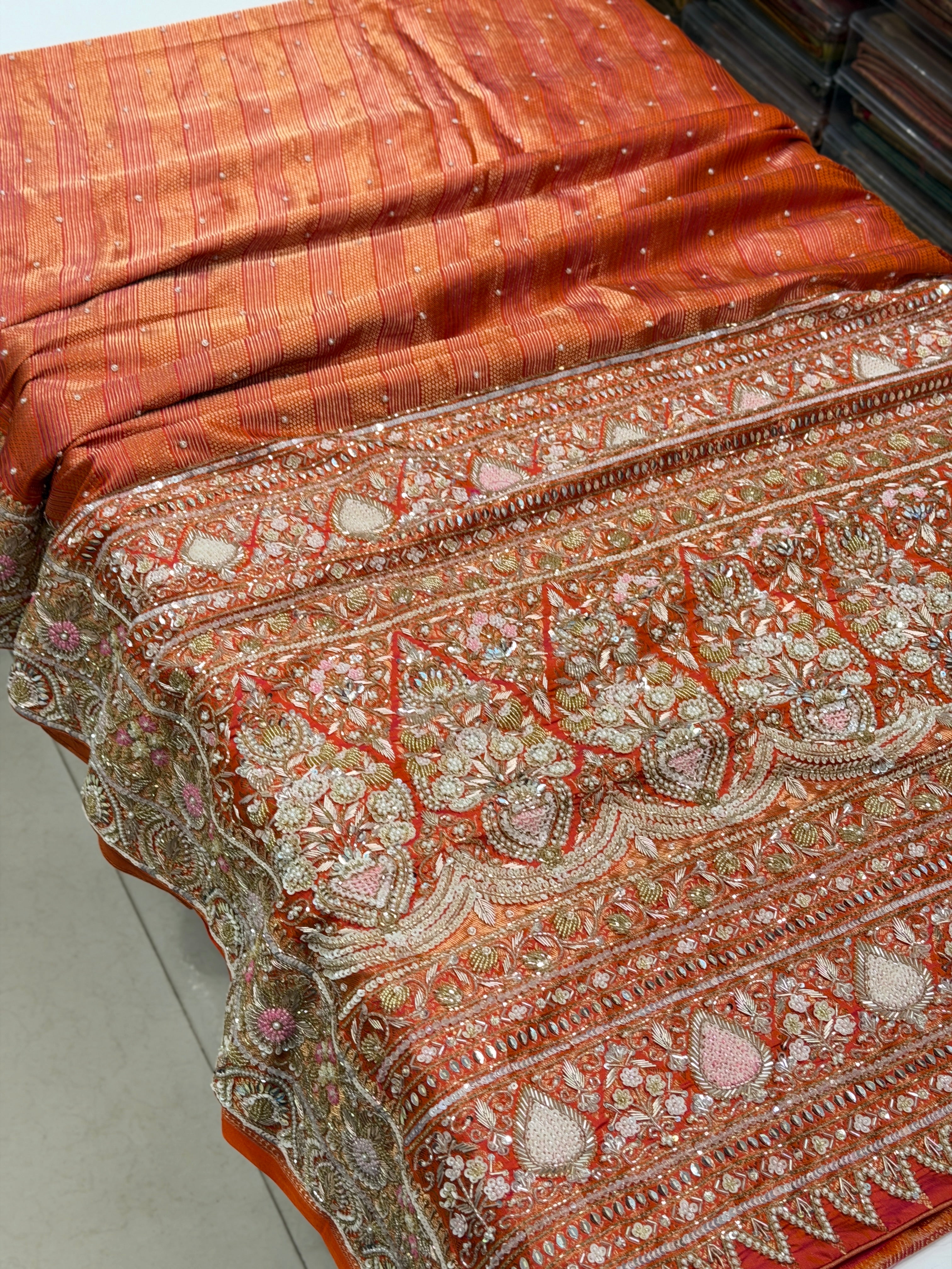 Orange Kanjivaram Moti Zardosi Hand Embroidery Saree