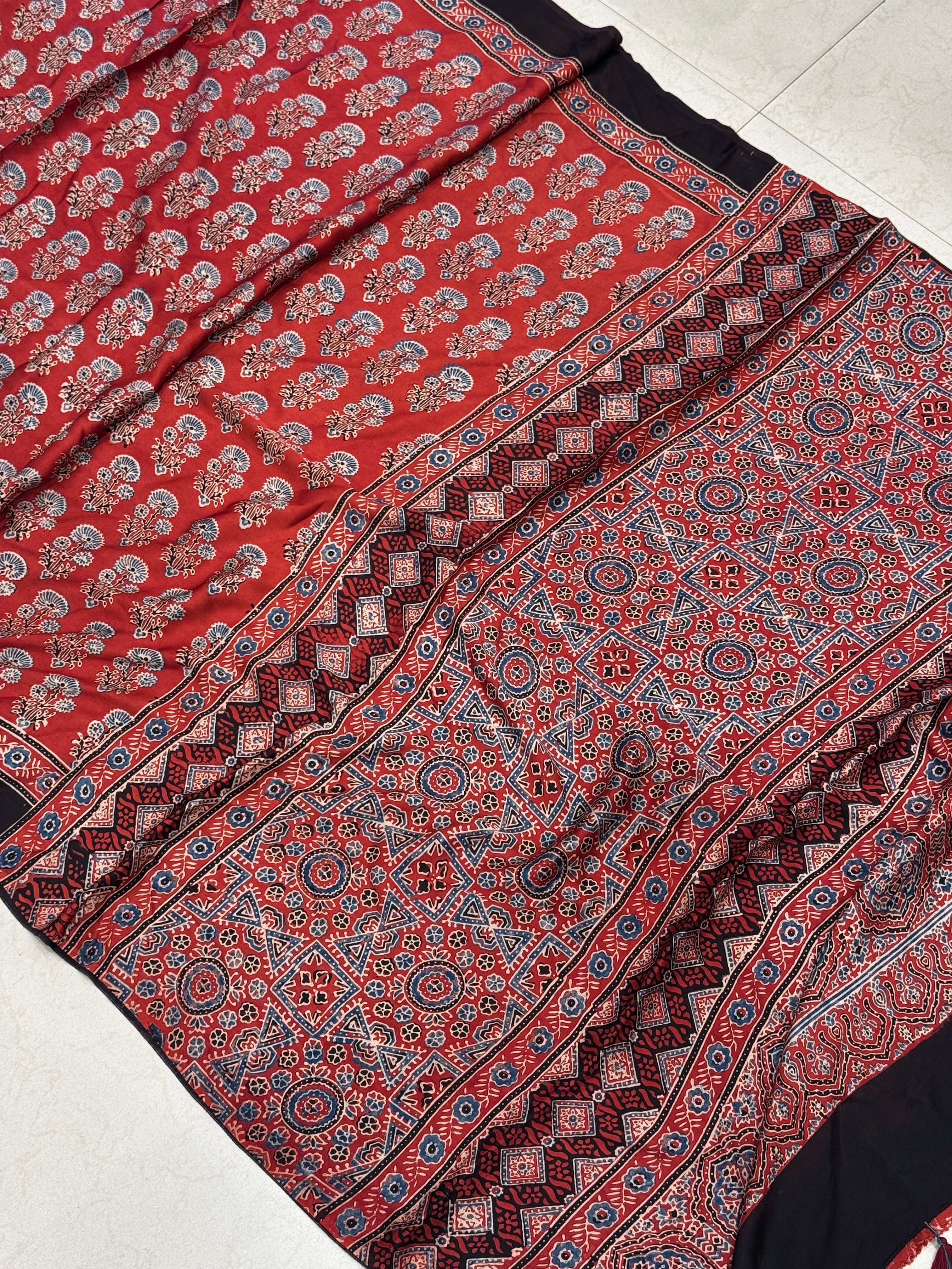 Red Floral Butta Ajrakh Hand Block Print Pure Gajji Silk Saree