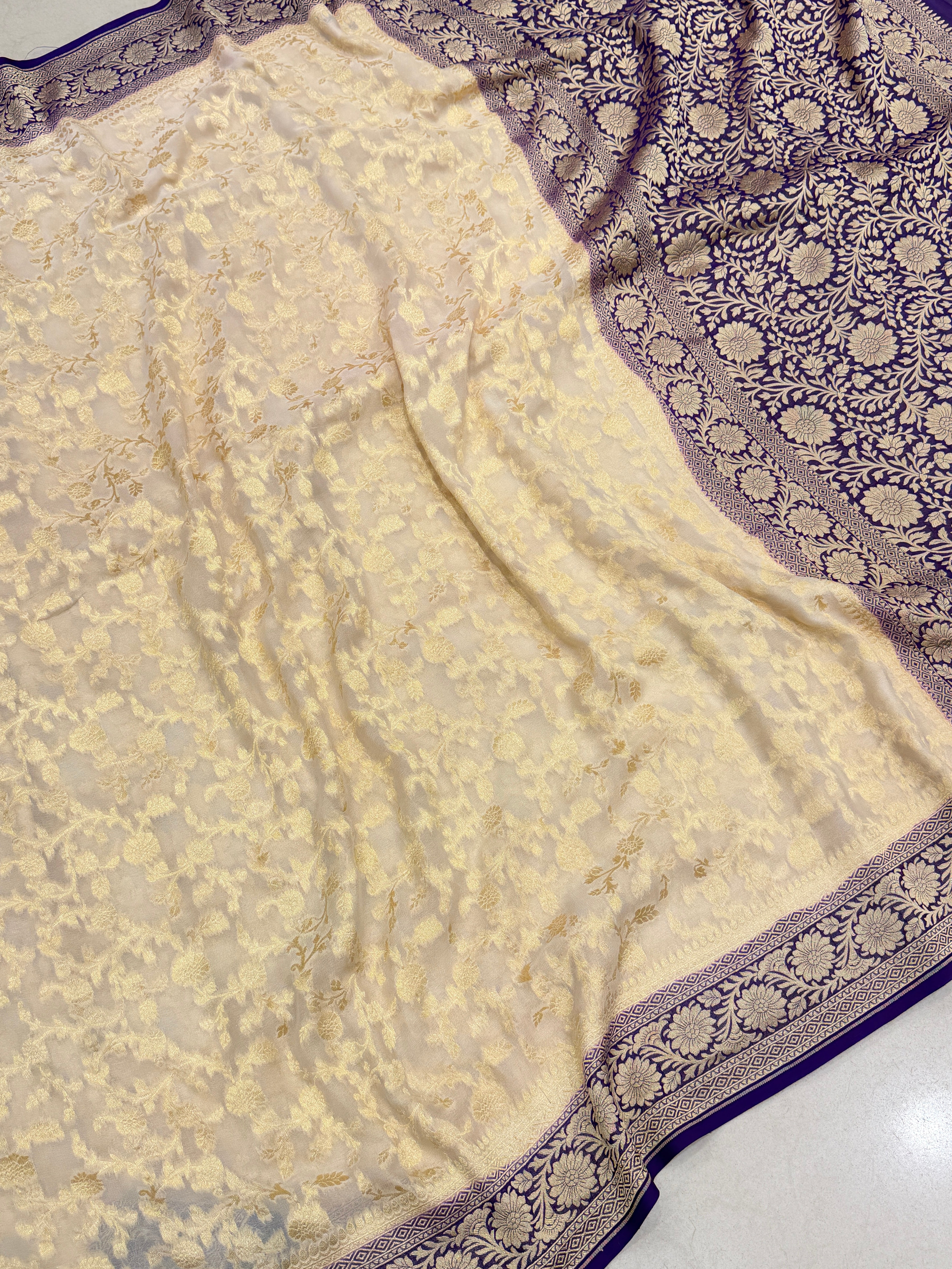 Beige Violet Mughal Jaal Handloom Banarasi Khaddi Georgette Saree