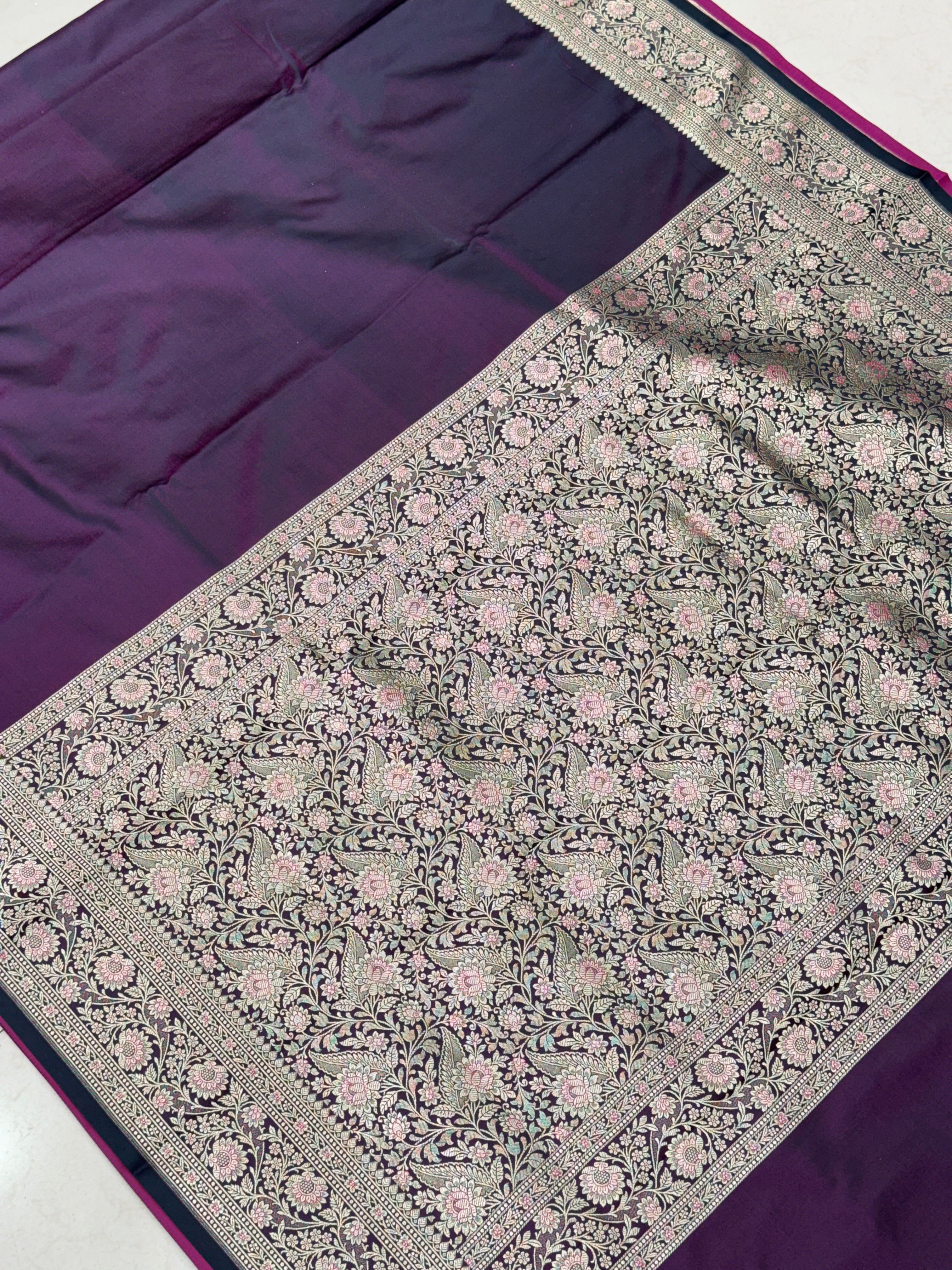 Purple Dhup Chav Banarasi Plain Upside Down Border Saree