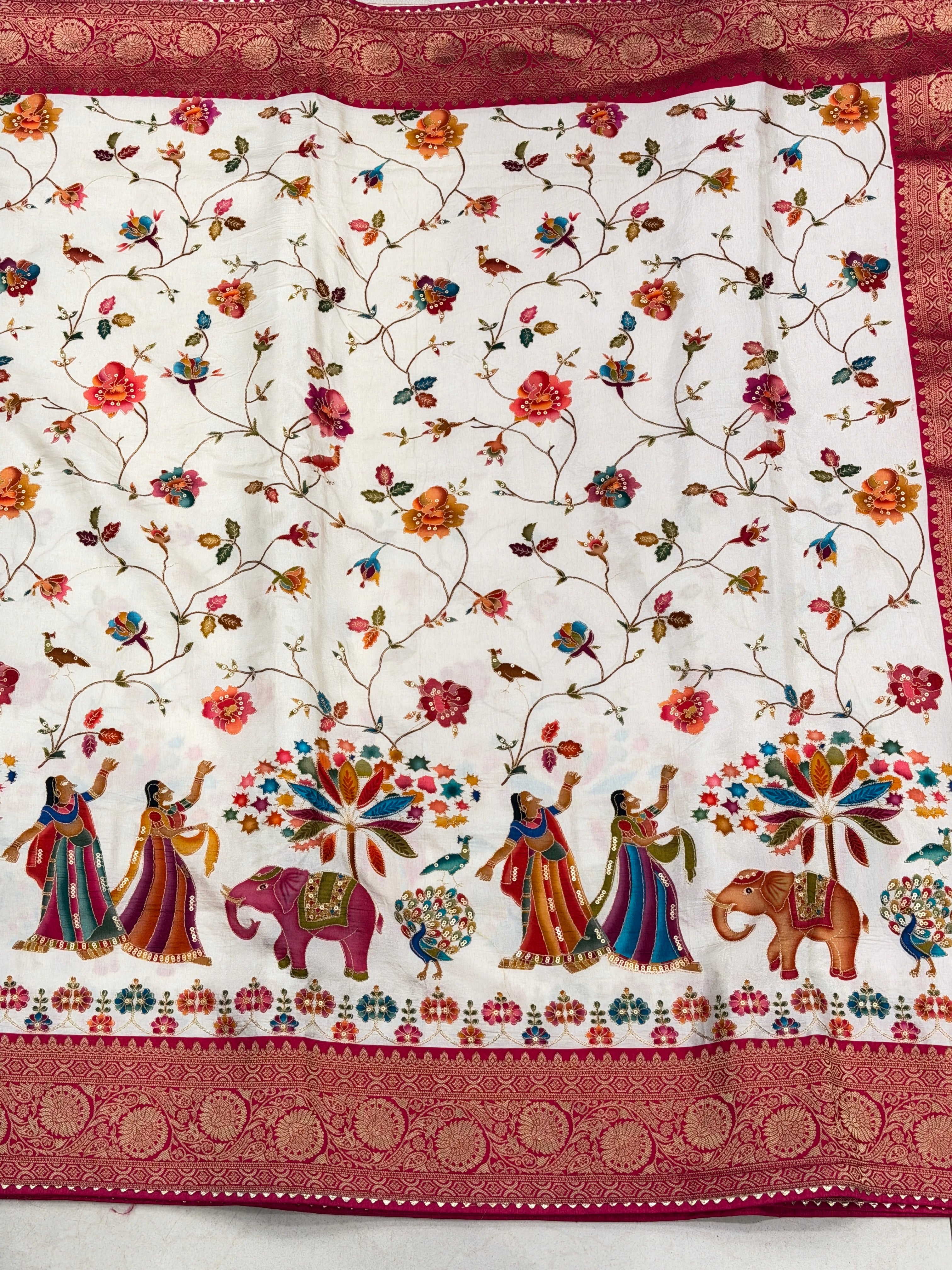 Moti White Baluchari Style Banarasi Munga Pita Embroidery Saree